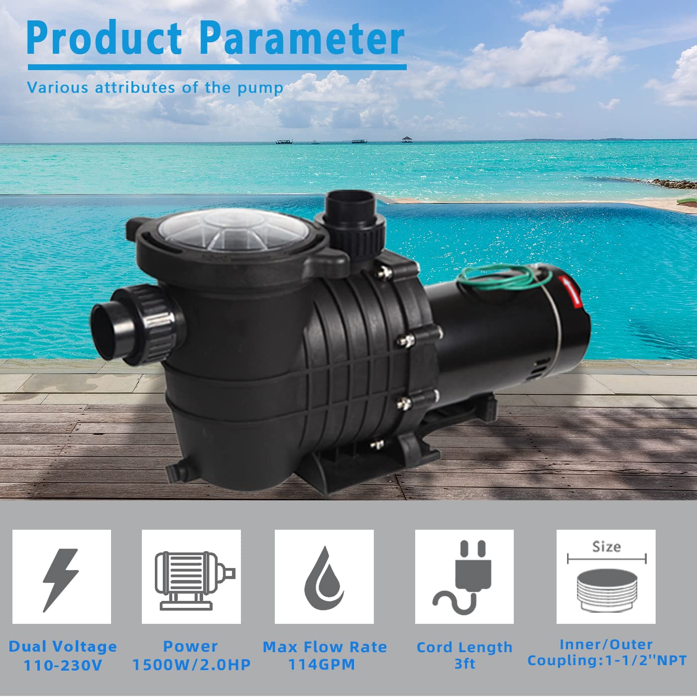2.0HP 114GPM Swimming Pool Pump - 110V/220V Dual Voltage In-Ground & Above Ground Pool Water Pump with Strainer Basket - Perfect for Backyard, Residential & Commercial Pool Maintenance