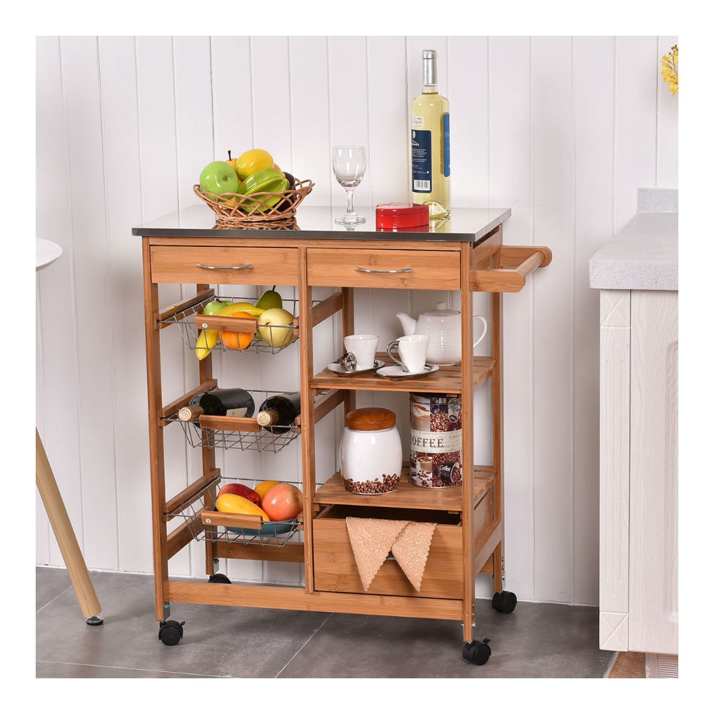 Bamboo Rolling Kitchen Island Cart with Storage Shelf & Drawers - Mobile Kitchen Organizer for Dining, Cooking & Small Space Storage