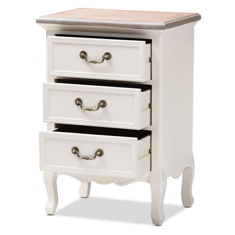 BOWERY HILL Two Tone Whitewashed Oak and White 3-Drawer Nightstand - Modern Bedside Table for Bedroom, Living Room & Guest Room - Perfect for Storage and Stylish Home Decor
