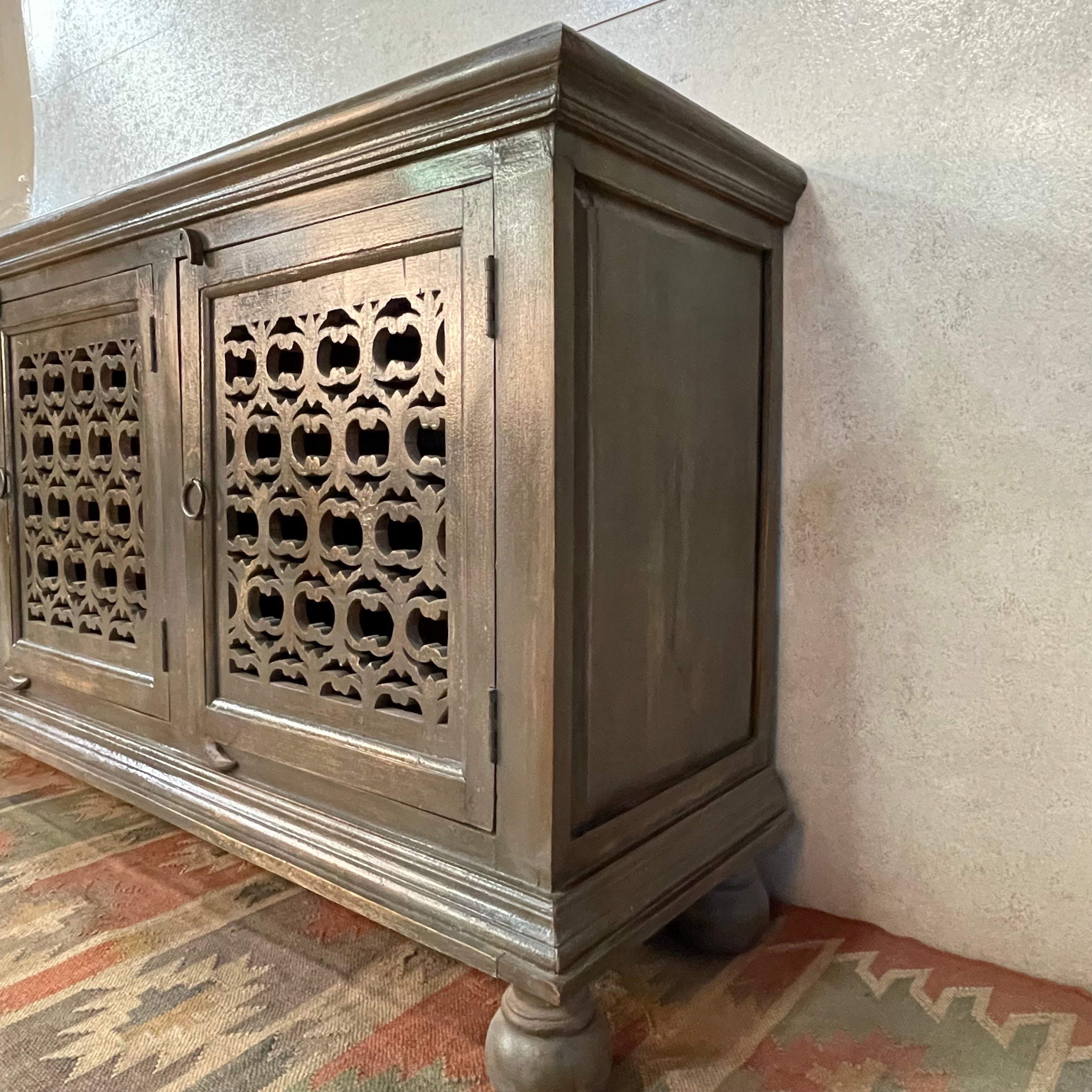 Handmade Solid Wood Carved Indian Sideboard with Jali Doors - Grey Finish, 72.4