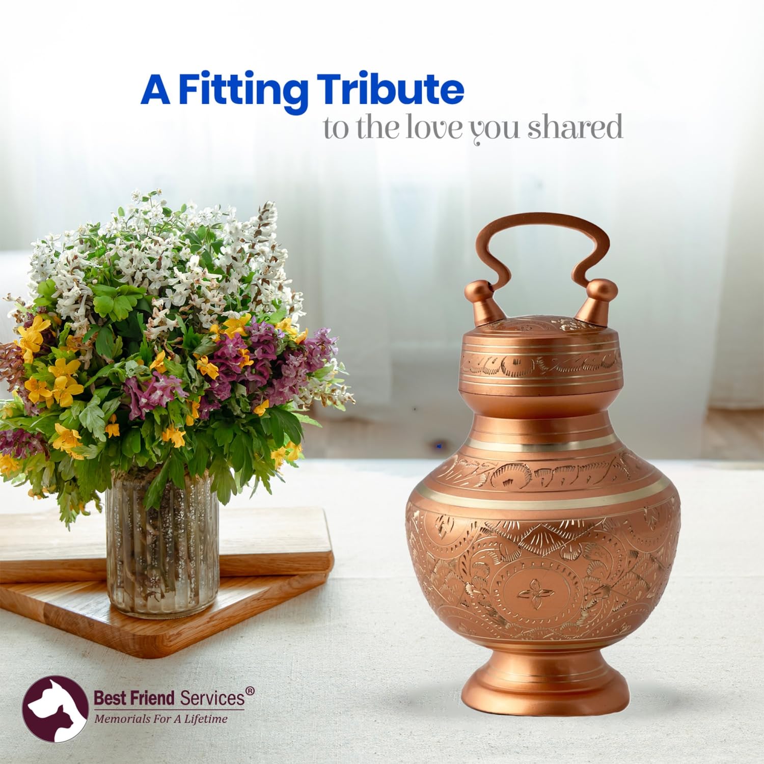 Hand Carved Brass Pet Cremation Urn for Dogs & Cats - Elegant Memorial Urn for Pet Ashes (Brilliant Copper, Small) | Perfect for Home Memorials, Pet Loss Gifts & Remembrance Ceremonies