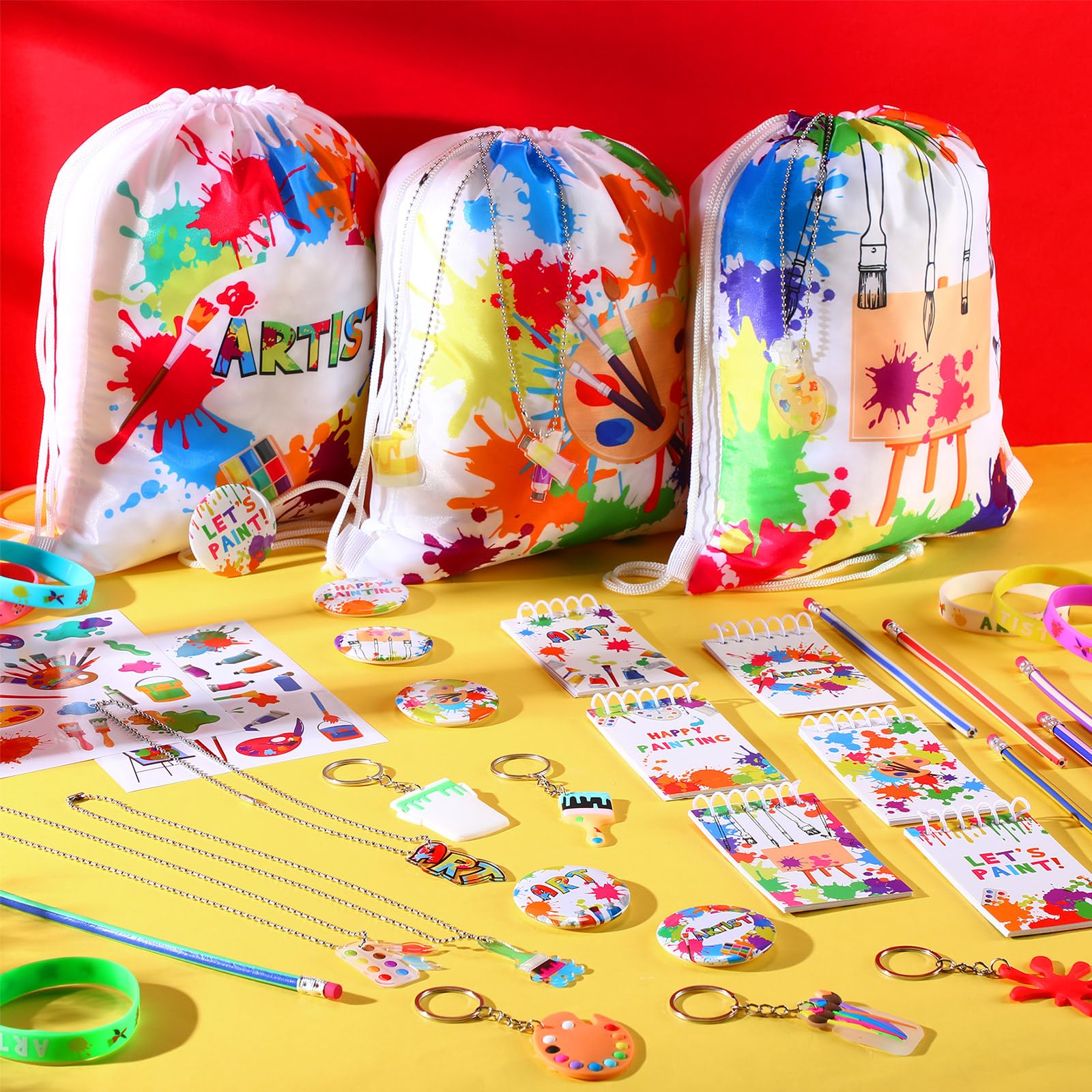 Jenaai 102 Pcs Art Paint Party Favor Supplies Kit - 12 Drawstring Backpacks, 12 Silicone Bracelets, 12 Badges, 12 Keychains, 18 Spiral Notepads, 12 Bendable Pencils, 12 Stickers & 12 Necklaces - Perfect for Kids Birthday Parties, School Events & DIY Craft Activities