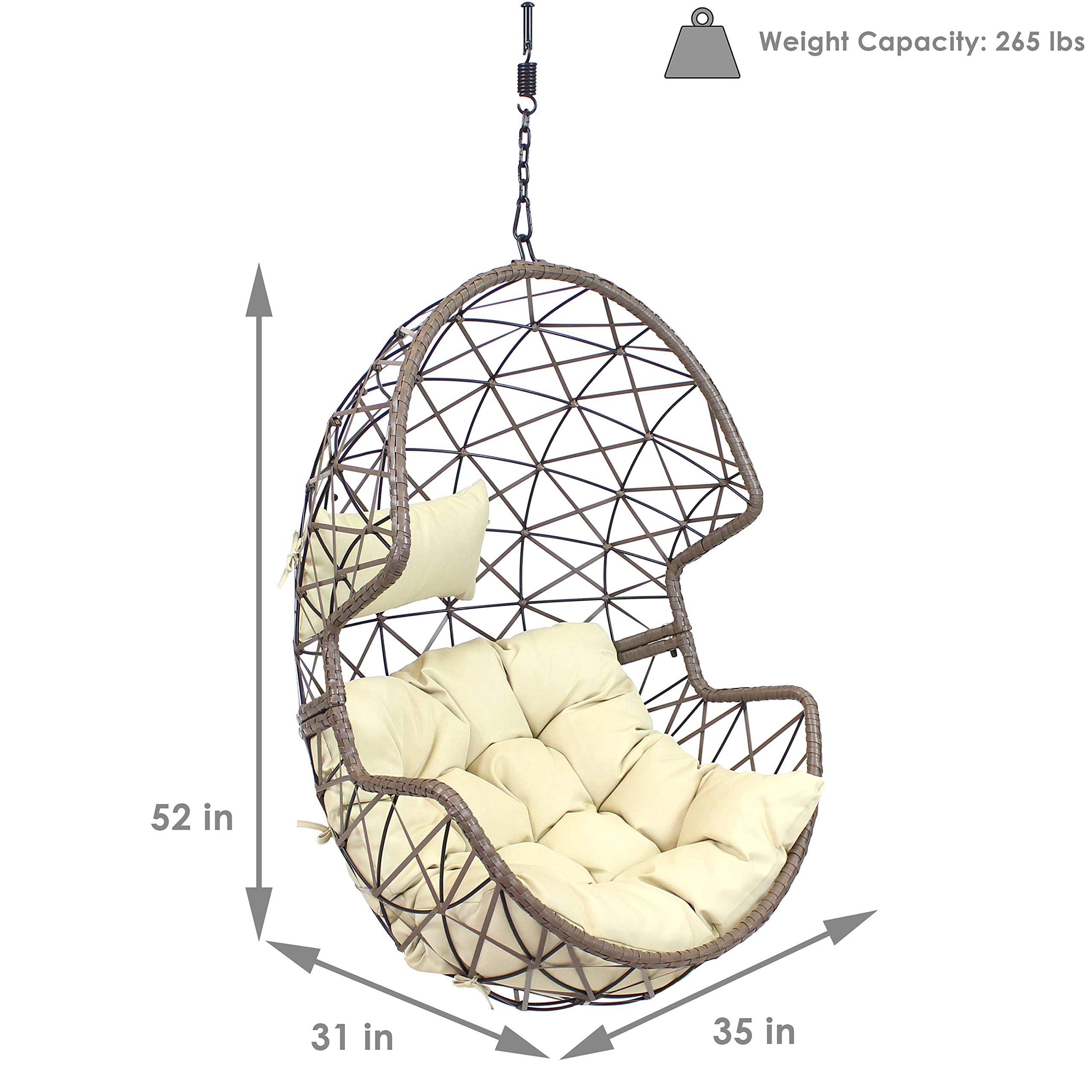 Sunnydaze Lorelei Hanging Egg Chair - Outdoor Patio Swing Chair with Beige Cushion, Boho Style Resin Wicker Basket Design - Perfect for Porch, Deck, Balcony, Garden & Backyard Relaxation