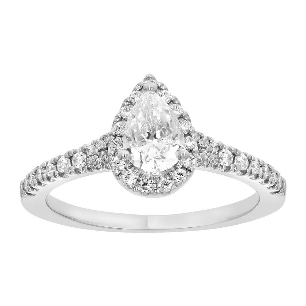 1 Carat Pear Cut Diamond Solitaire Ring in 9K White Gold with Brilliant Halo & Side Stones - Perfect for Engagement, Wedding & Anniversary Gifts