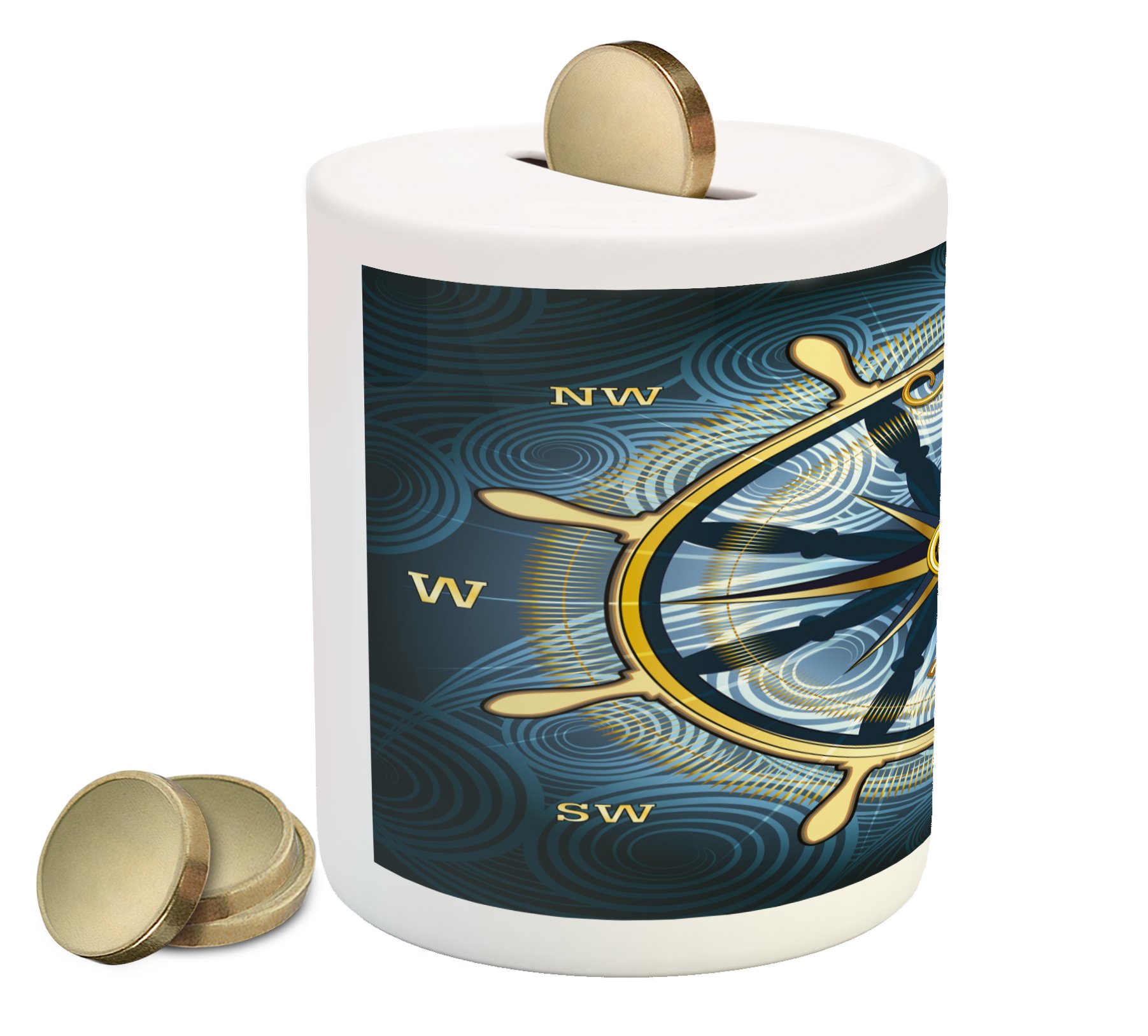 Ambesonne Nautical Compass Piggy Bank - Printed Ceramic Coin Bank with Windrose & Helm Design for Cash Saving | Yellow & Navy Blue Money Box | Perfect for Kids Room Decor, Marine Theme Gifts & Coin Collectors