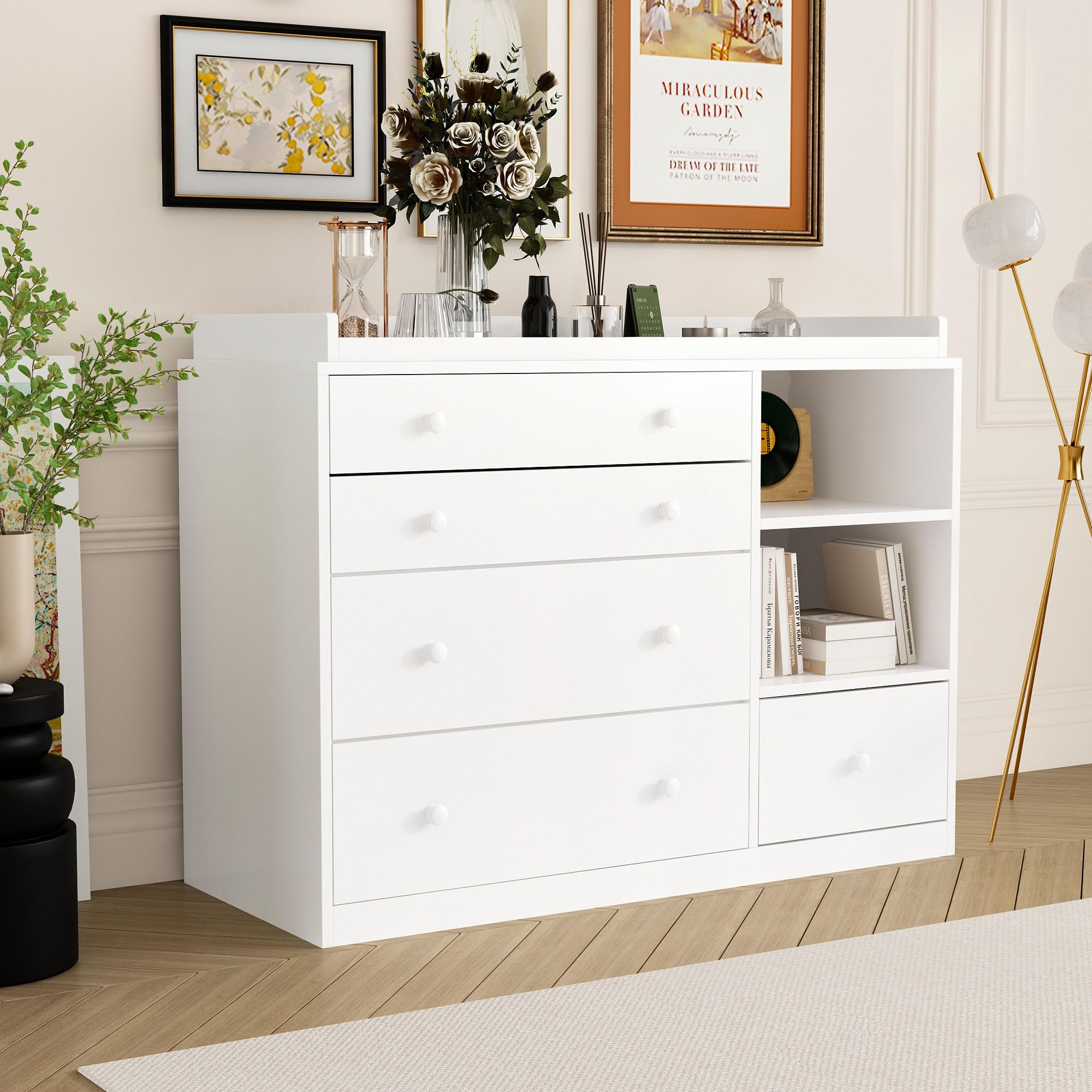 White 5-Drawer Baby Changing Table Dresser with 2 Shelves - Multi-Functional Nursery Dresser & Diaper Changing Station for Kids Room | Perfect for Baby Essentials Storage & Organized Nursery Decor