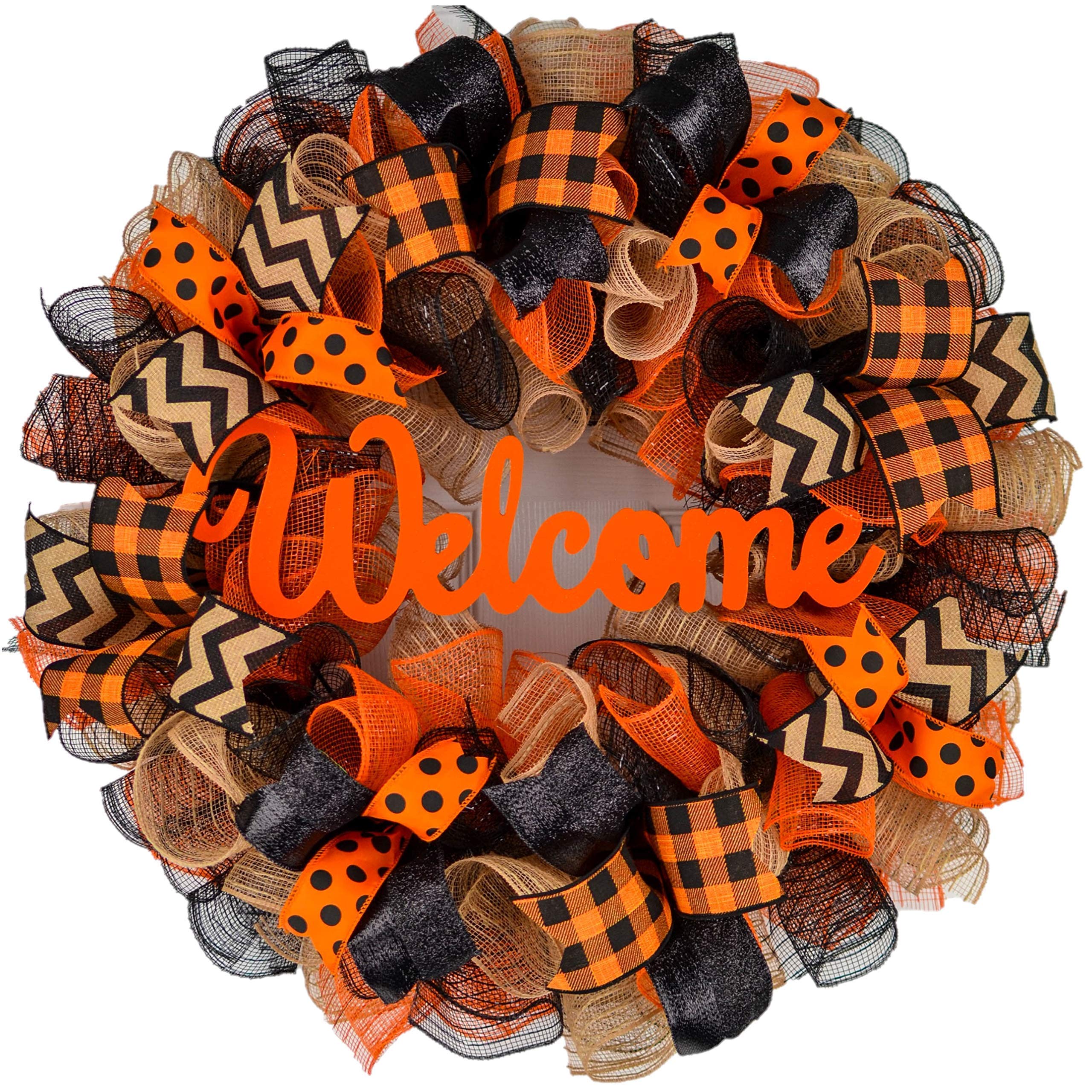Halloween Office Decor - Black Burlap Orange Farmhouse Monogram Letter Wreath for Door | Spooky Welcome Sign for Halloween Party, Home & Office Decoration