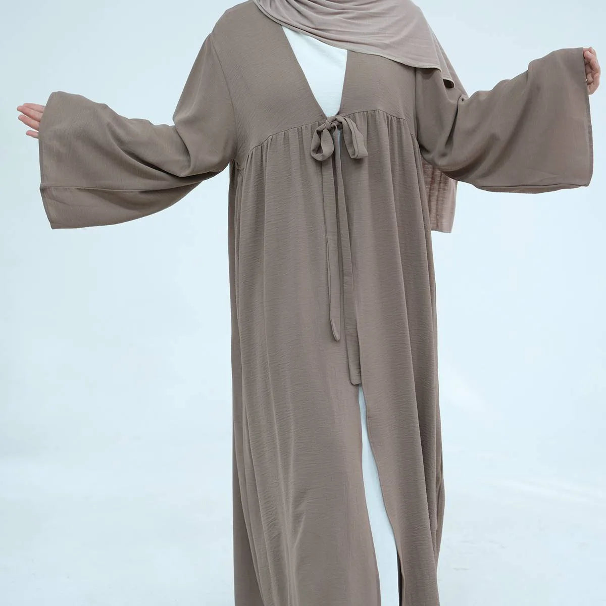 Elegant Lace-Up Crepe Open Abaya Dress #24896 - Modest Muslim Fashion for Women, Perfect for Prayer, Weddings & Special Occasions