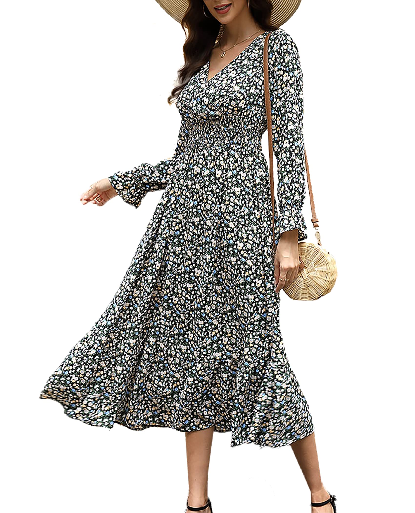 MISSKY Women's Floral Deep V Neck Long Sleeve Smocked Waist Maxi Dress for Wedding Guest, Cocktail Party, Evening Gala & Special Occasions