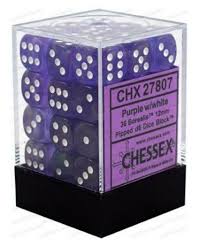 Chessex 36-Piece D6 Dice Set - 12mm Purple with White Borealis Pipped for Tabletop RPGs, Board Games & Collectors