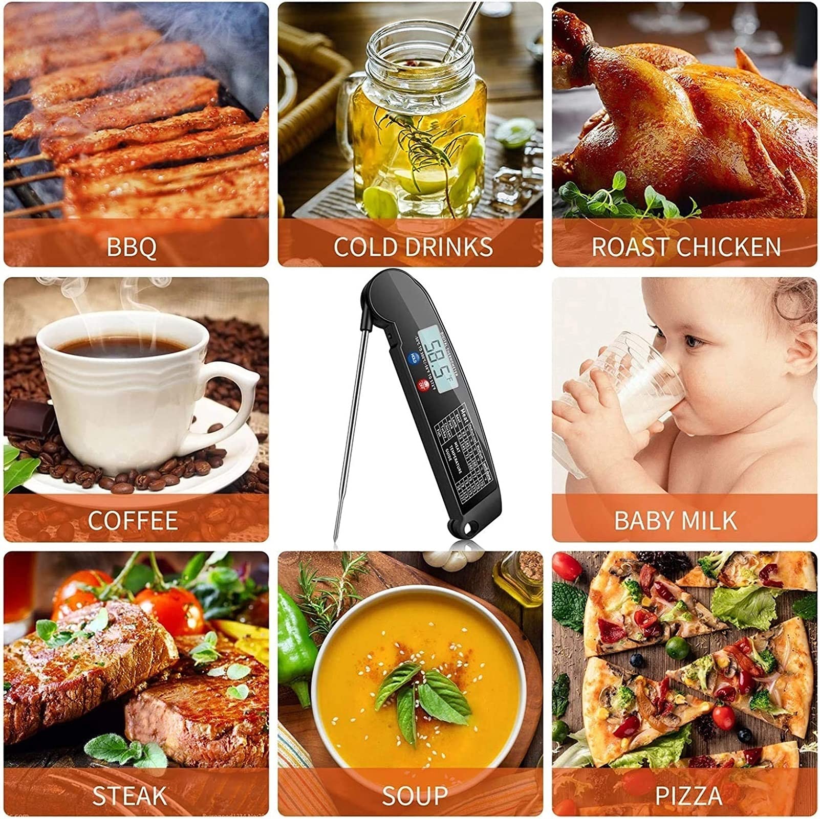Instant Read Meat Thermometer - Best Waterproof Ultra Fast Digital Food Thermometer with Backlight & Calibration for Kitchen, Outdoor Cooking, BBQ, Grilling, and Baking | Perfect for Steak, Turkey, Candy Making & Home Chefs