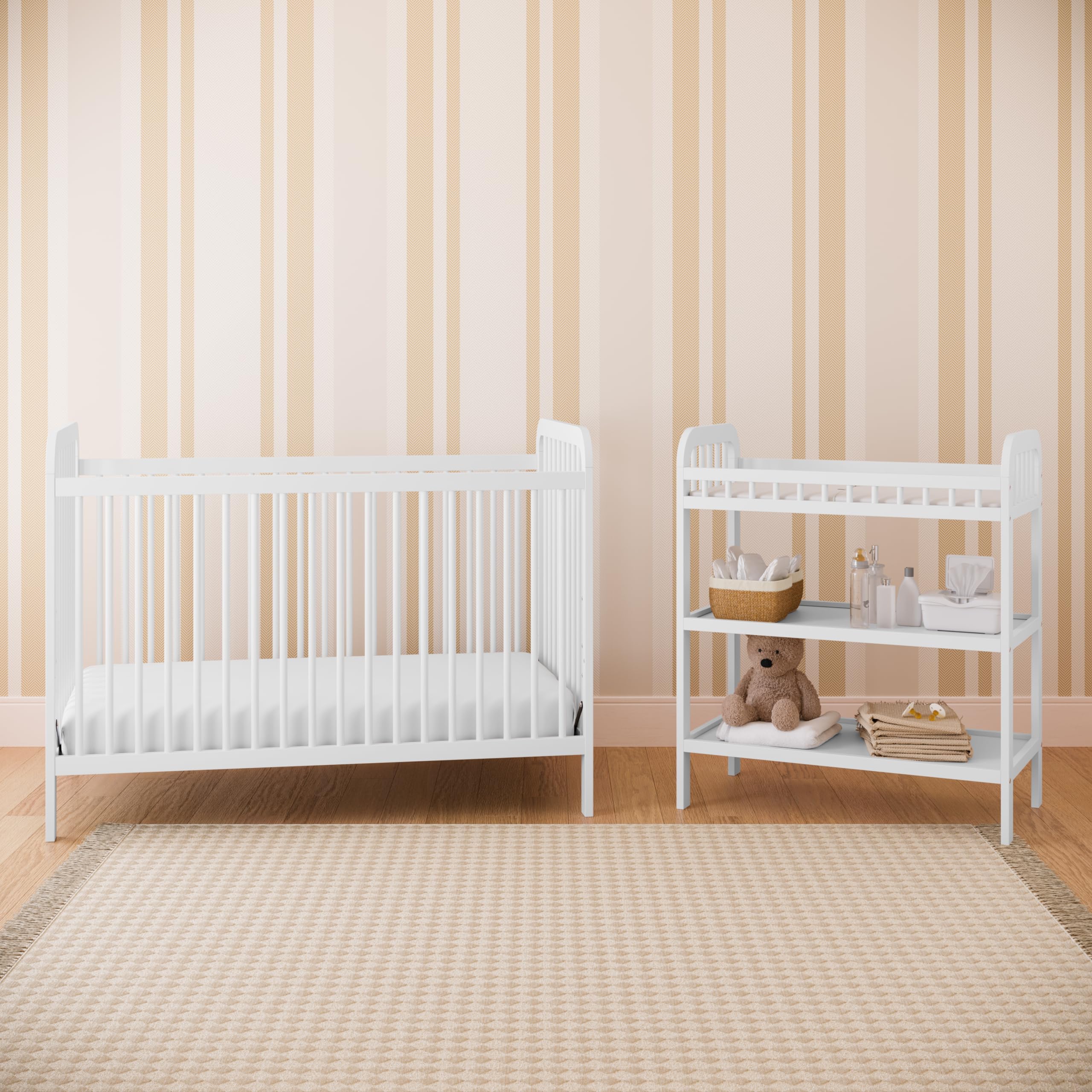Storkcraft Pasadena White Changing Table with Water-Resistant Pad - GREENGUARD Gold Certified Baby Nursery Furniture, 2 Open Shelves & Safety Strap | Perfect for Diaper Changing, Baby Care Organization in Nursery Rooms