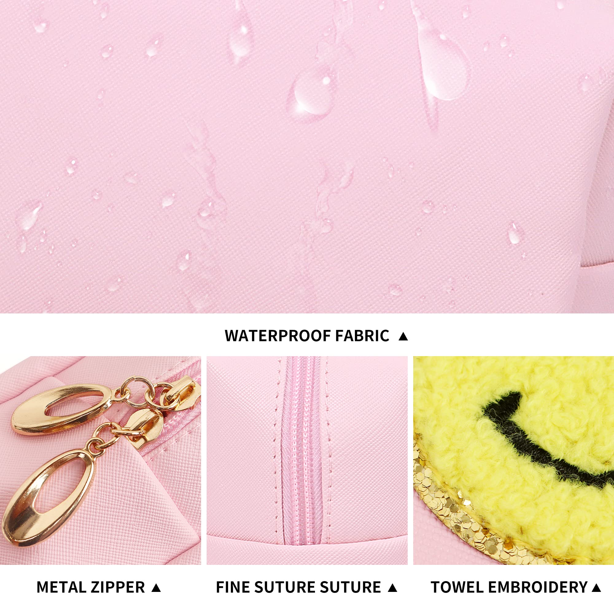 Preppy Patch Makeup Bag - Waterproof PU Leather Cosmetic Organizer for Women & Girls | Cute Pink Travel Toiletry Bag | Perfect for Daily Use, School, Travel & Gift Giving