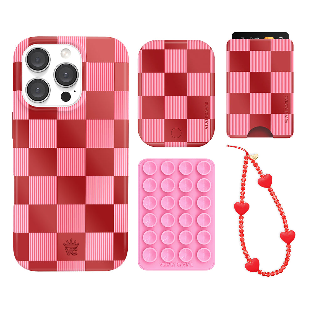 Rose Vibe Checkered iPhone Case with Wallet - Trendy Phone Accessory for Women | Perfect for Everyday Use, Travel & Shopping
