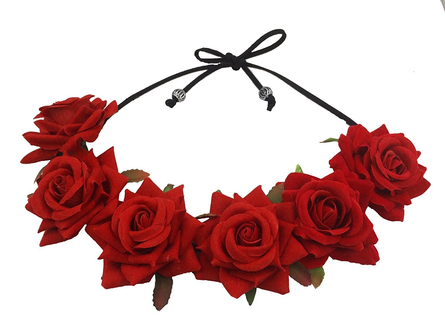 Floral Fall Rose Red Flower Crown - Woodland Hair Wreath Headband for Festival, Wedding, Boho Party (3-Red) | Perfect for Halloween, Cosplay, Photoshoots & Renaissance Fairs