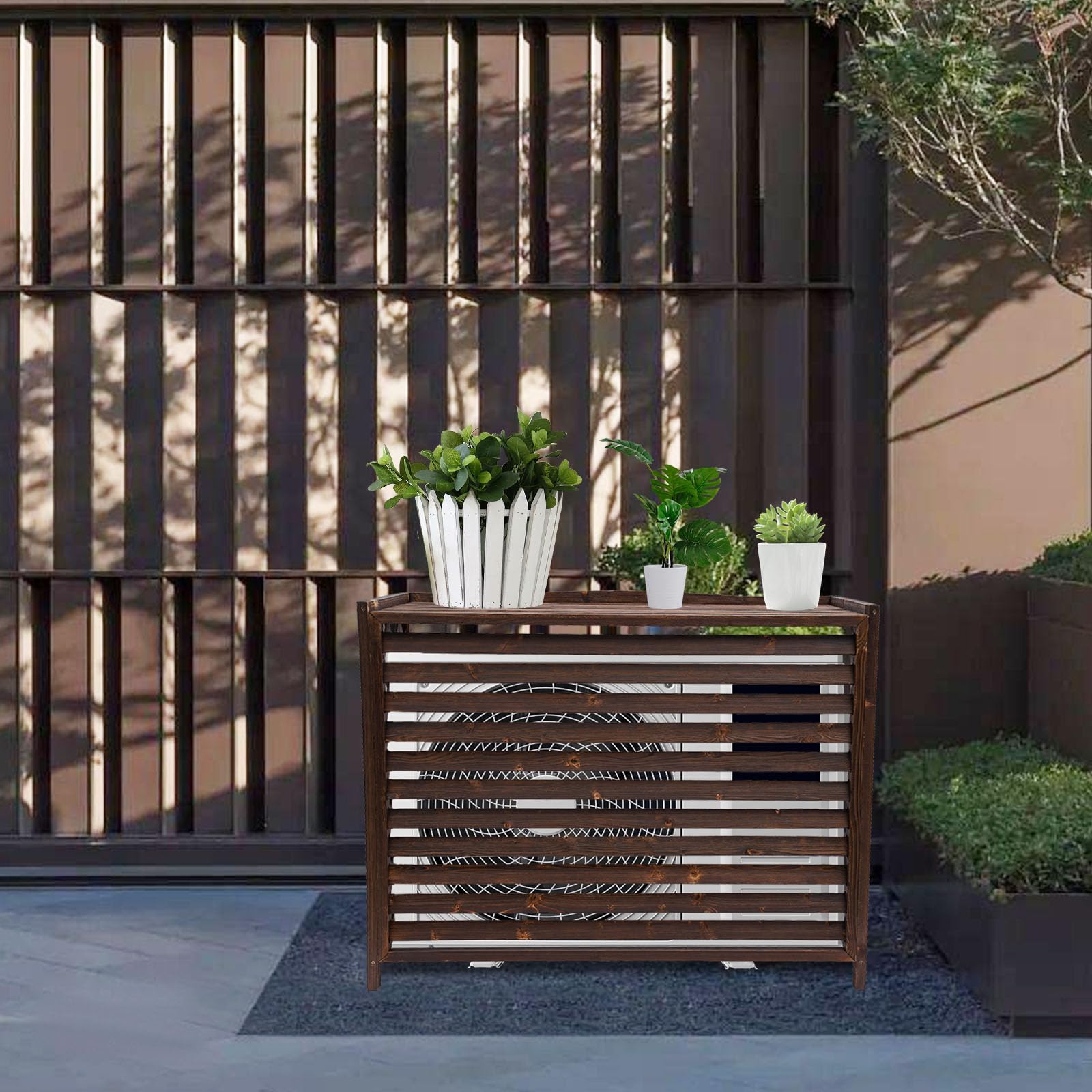Retro Wood Air Conditioner Privacy Screen - Free Standing AC Fence for Outdoor Unit, Brown 43.31