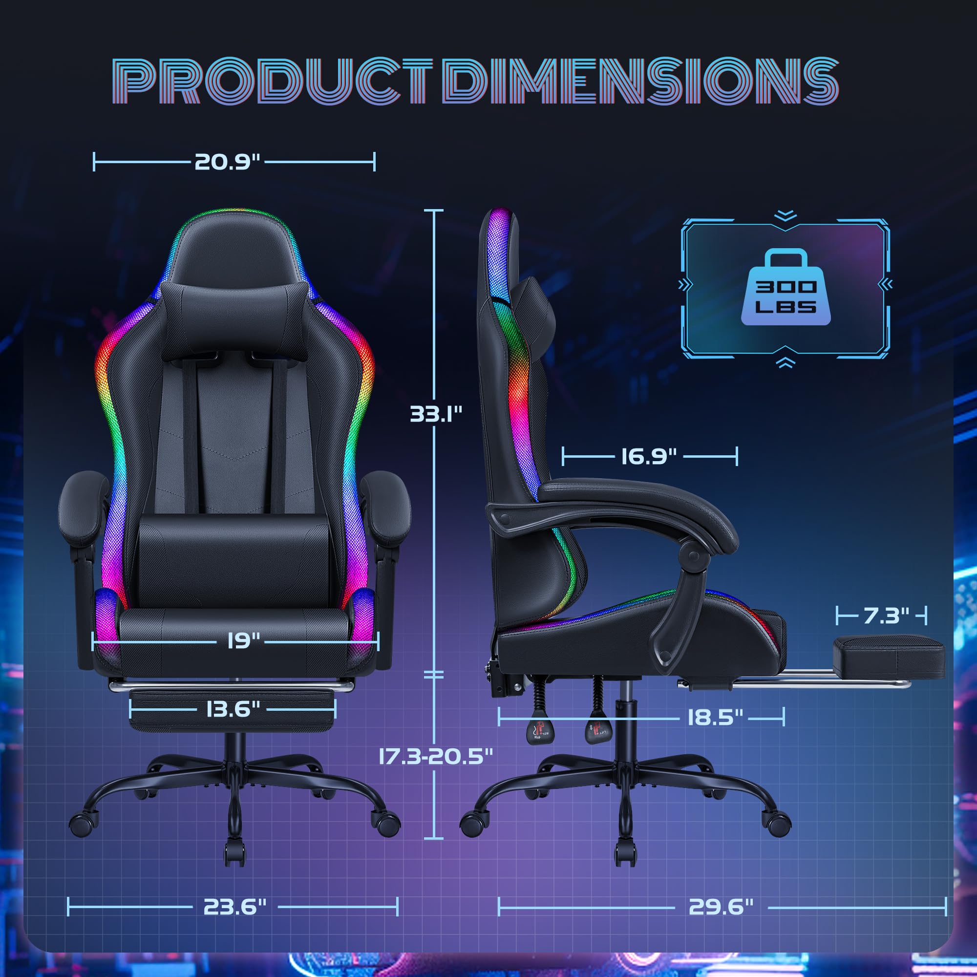 Furmax RGB LED Gaming Chair with Footrest & Massage Lumbar Support - Ergonomic High Back Reclining Computer Chair with Headrest - Swivel Gamer Chair for PC, PS5, Xbox (LED Black) - Perfect for Esports, Streaming & Home Office Setup
