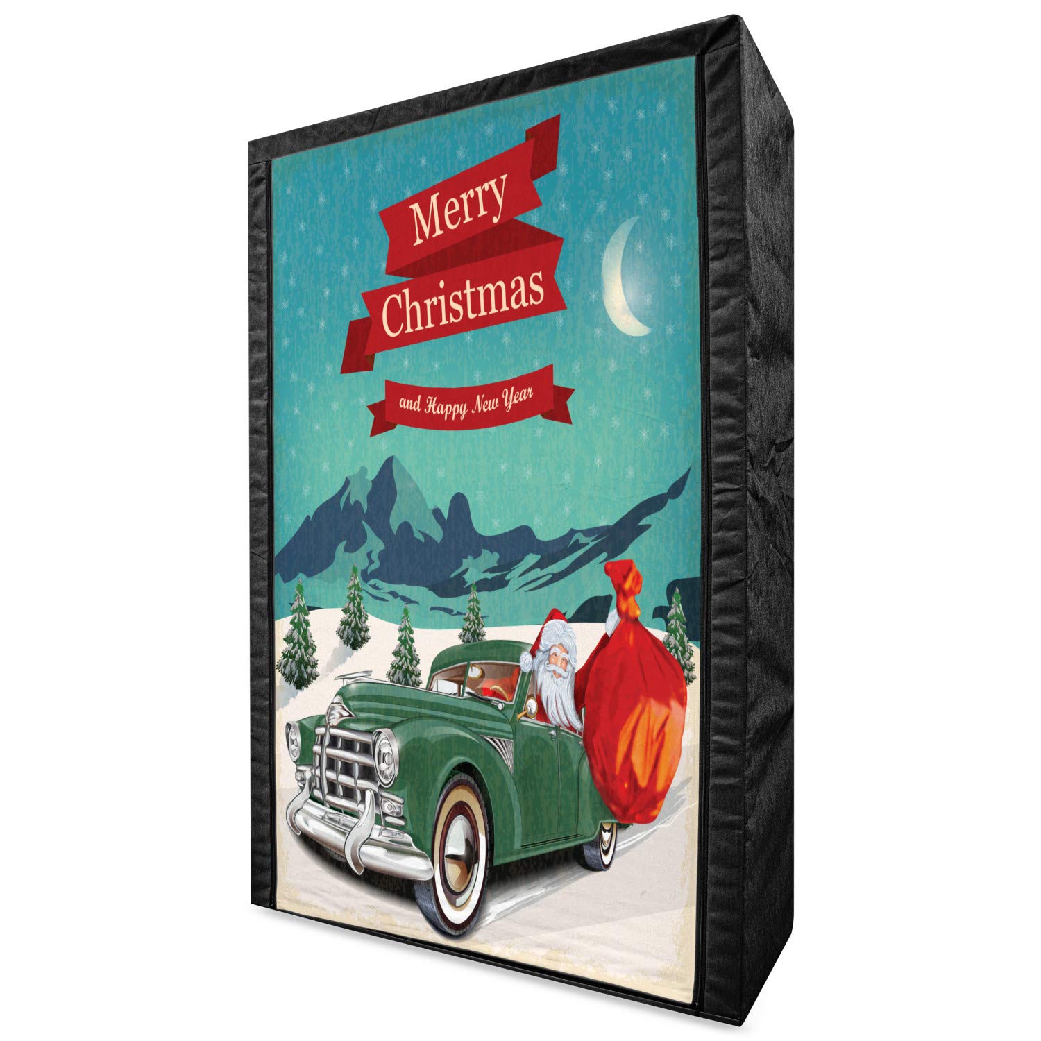 Ambesonne Christmas Portable Fabric Wardrobe - Santa Claus Classic Car Design with Toys Bag, Snowy Winter Starry Night Theme, 42.5 Inch Clothing Organizer with Shelves, Teal Red | Perfect for Holiday Storage, Bedroom Closet, Seasonal Decor & Gift Wrapping Station