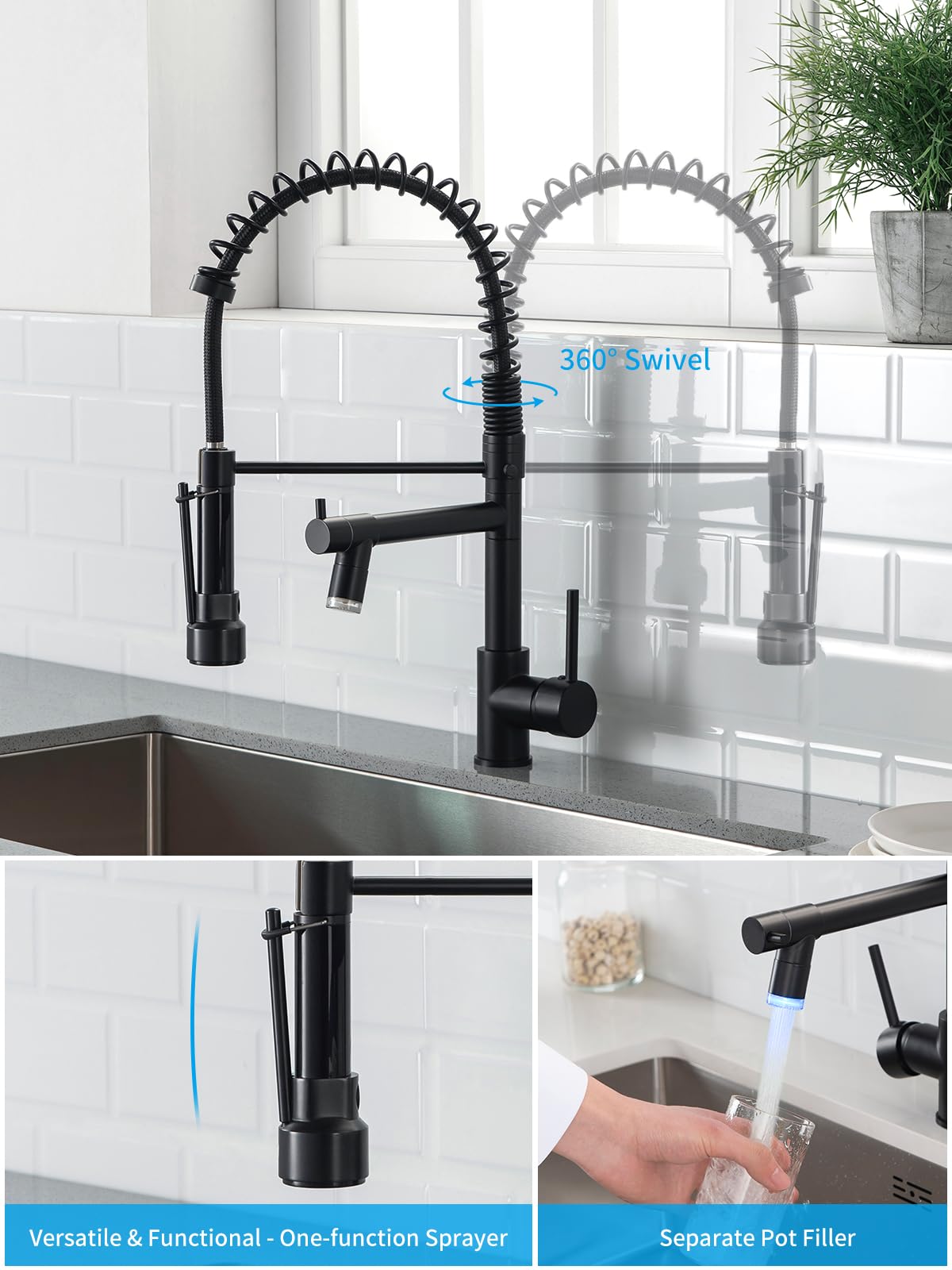 AIMADI Matte Black Commercial Kitchen Faucet with Pull Down Sprayer - Single Handle Single Hole Spring Sink Faucet for Restaurant & Home Kitchen Use