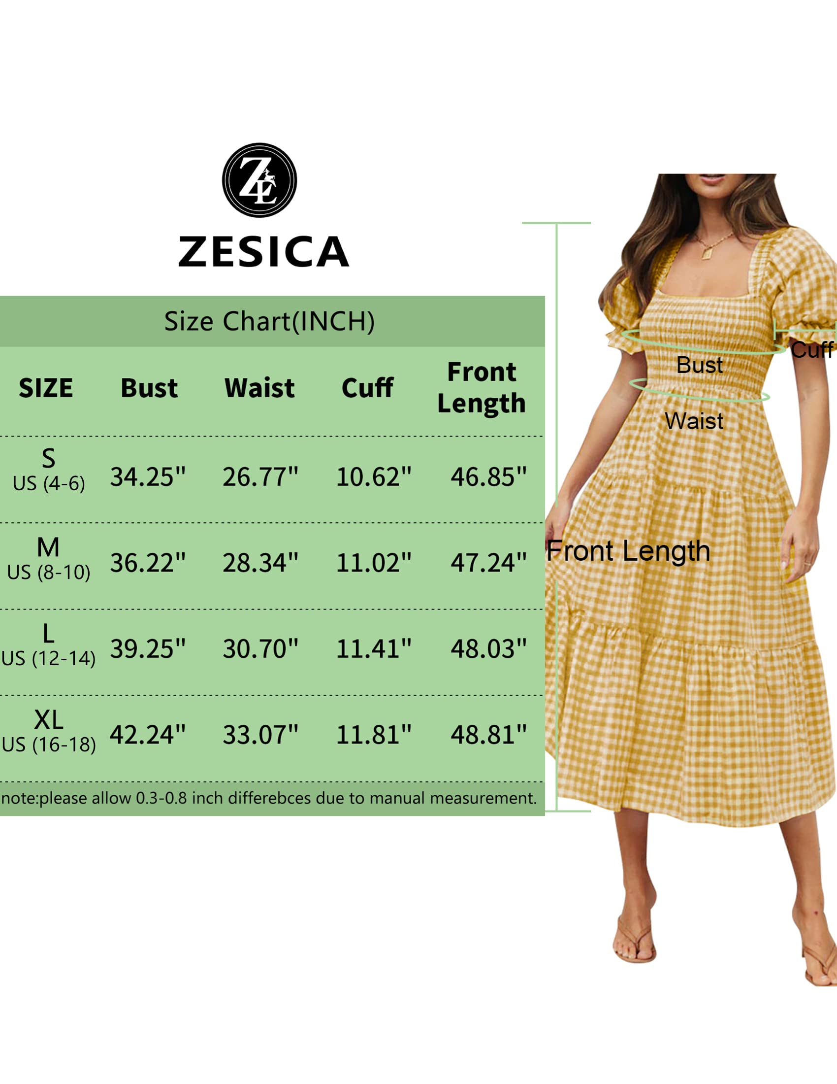 ZESICA Women's 2025 Bohemian Summer Plaid Square Neck Puff Sleeve Ruffle Flowy Beach Midi Dress - Floral Print Casual Sundress for Vacation, Party & Outdoor Date Night