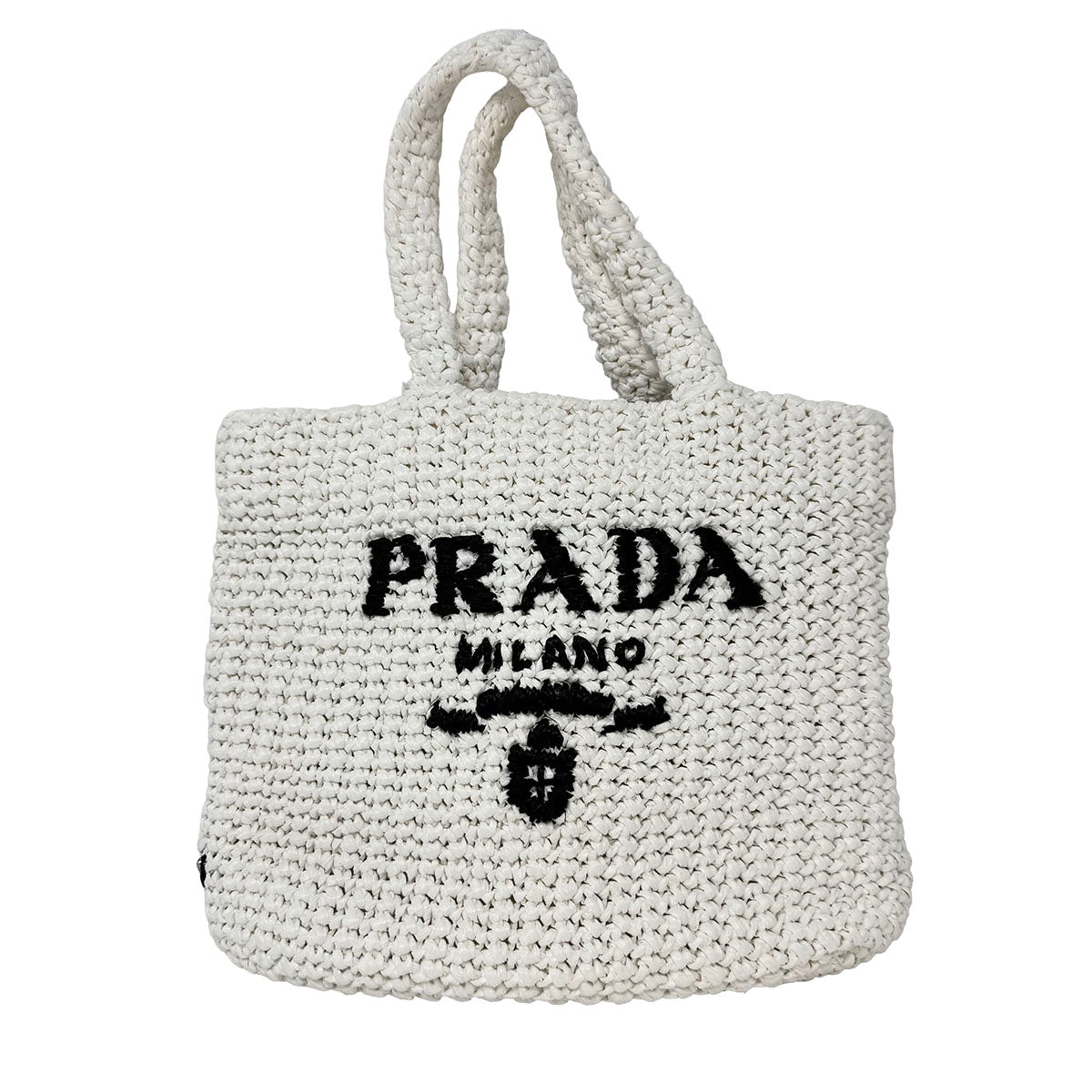 Prada Raffia Small Crochet Tote Bag - Women's Designer Handwoven Straw Beach Tote for Summer Vacation, Shopping & Casual Outings