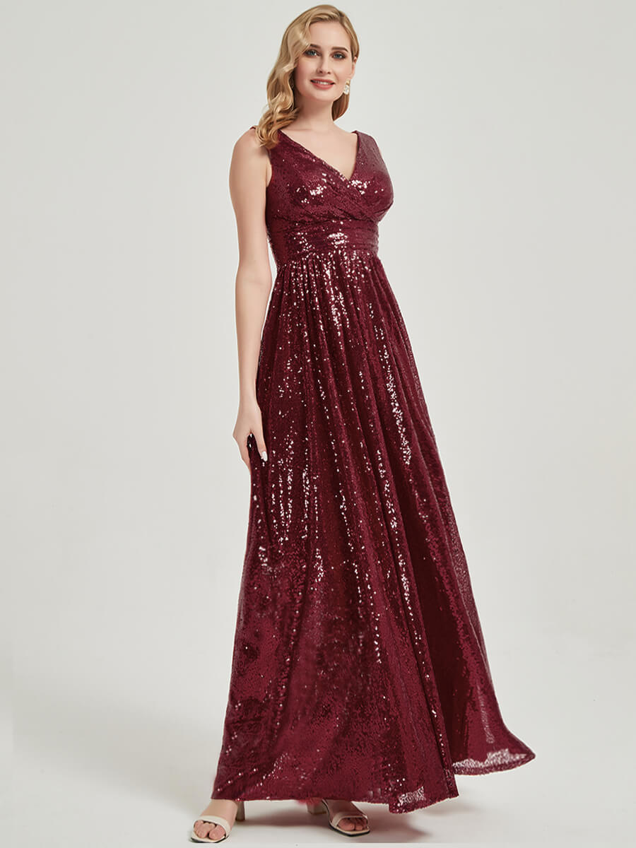 Elegant Burgundy V-Neck Sleeveless Empire Waist Sequin Maxi Dress for Bridesmaids - Perfect for Weddings, Proms & Formal Evening Events