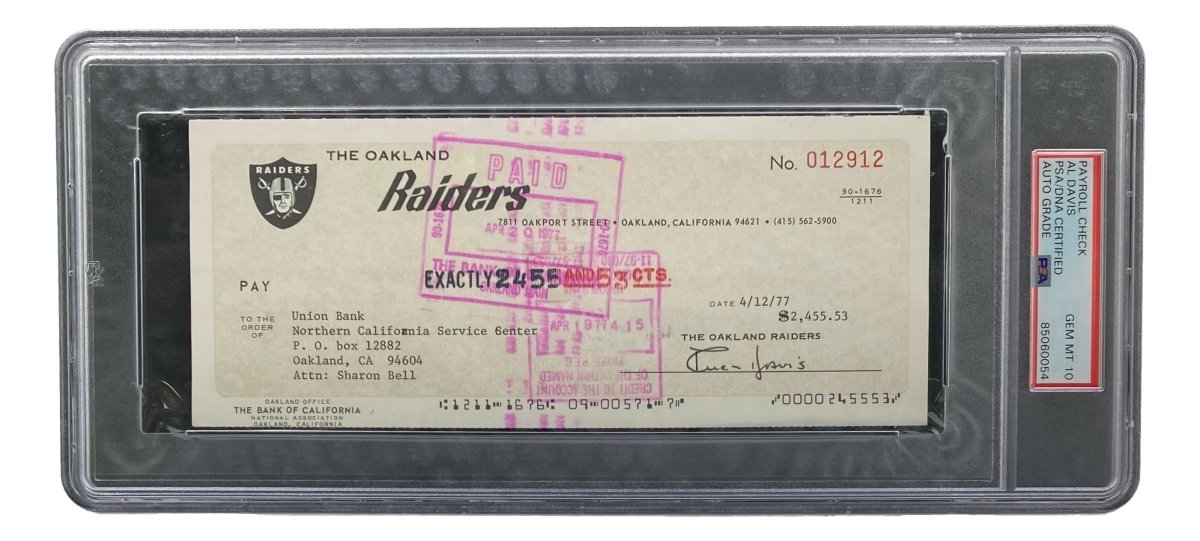 Authentic Al Davis Signed Oakland Raiders Bank Check #12912 PSA/DNA Gem MT 10 - Perfect for Raiders Memorabilia Collectors & NFL Fans