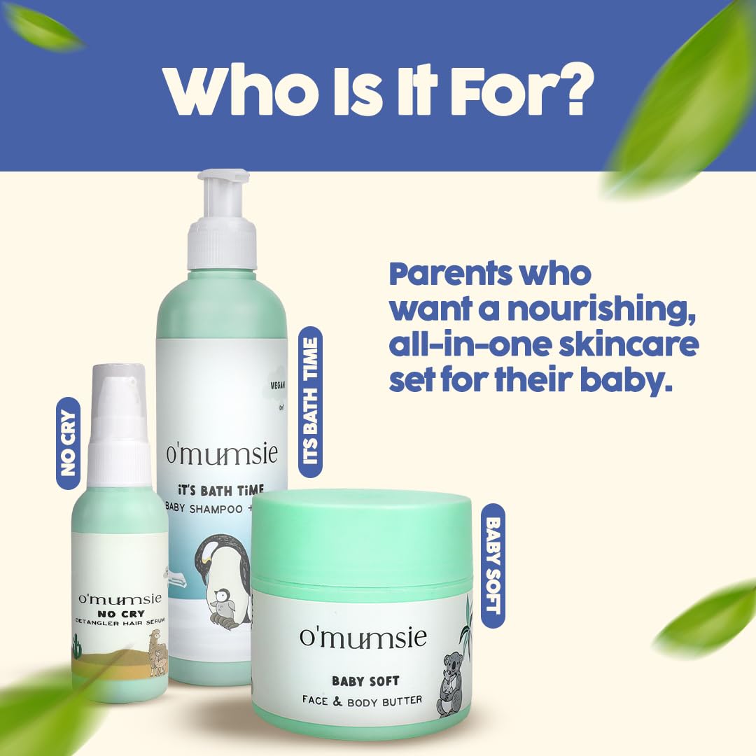 O'mumsie Baby Care Gift Set - Detangling Hair Serum (50ml), Nourishing Face & Body Butter (100g), Gentle Baby Wash & Shampoo (250ml) | Complete Newborn Skincare Kit in Beautiful Gift Box | Perfect for Baby Showers, Christenings & Daily Care Routines