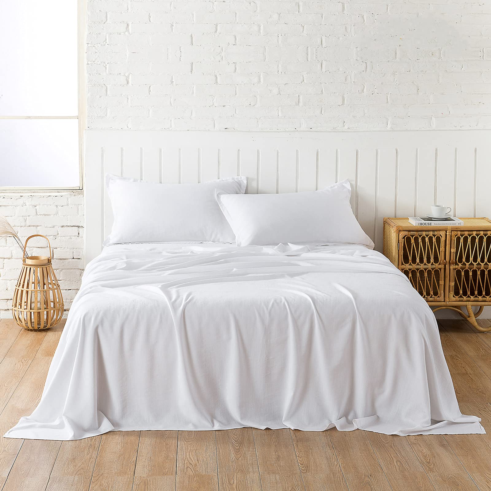 PANDATEX White Linen-Textured Twin Size Sheet Set - Soft, Cool & Breathable Organic Cotton Bedding for Hot Sleepers, 15