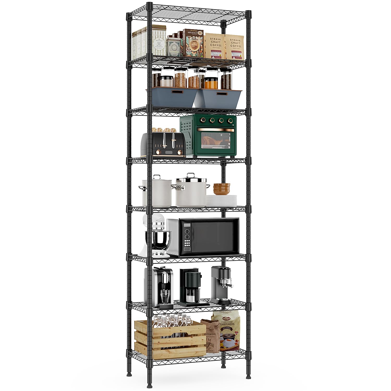 MZG 8-Tier Heavy Duty Metal Wire Shelving Unit - 2000 lbs Capacity Storage Rack for Laundry, Bathroom, Kitchen, Pantry, Closet, Garage & Basement - Black Standing Shelf Organizer (13.8