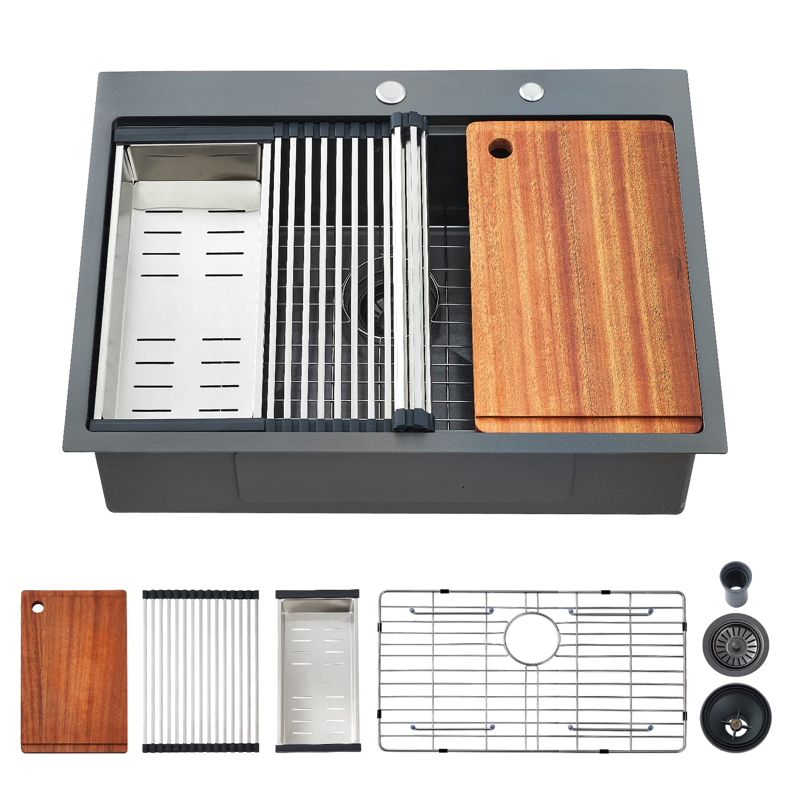 25 x 22 Inch Gunmetal Black Stainless Steel Drop-In Kitchen Sink Workstation with Cutting Board - Topmount Single Bowl Sink for Modern Kitchens and Food Prep Stations