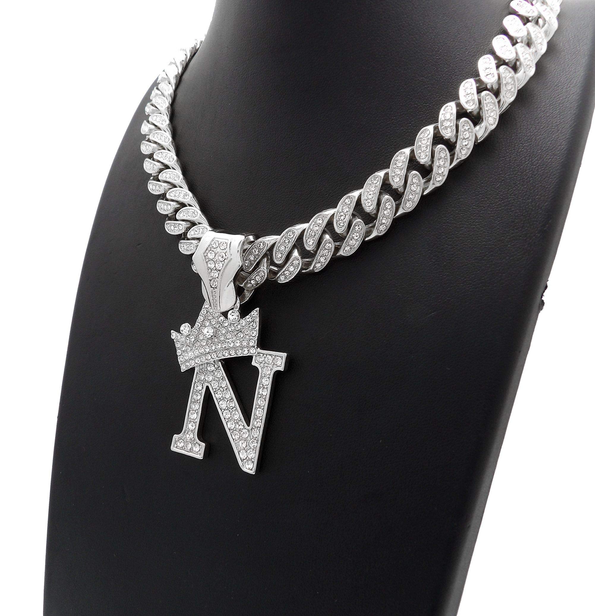 NYFASHION101 Iced Out Initial Pendant Necklace - 12mm Miami Cuban Chain with Stone Stud Crown - Perfect for Gifts, Parties & Hip-Hop Fashion