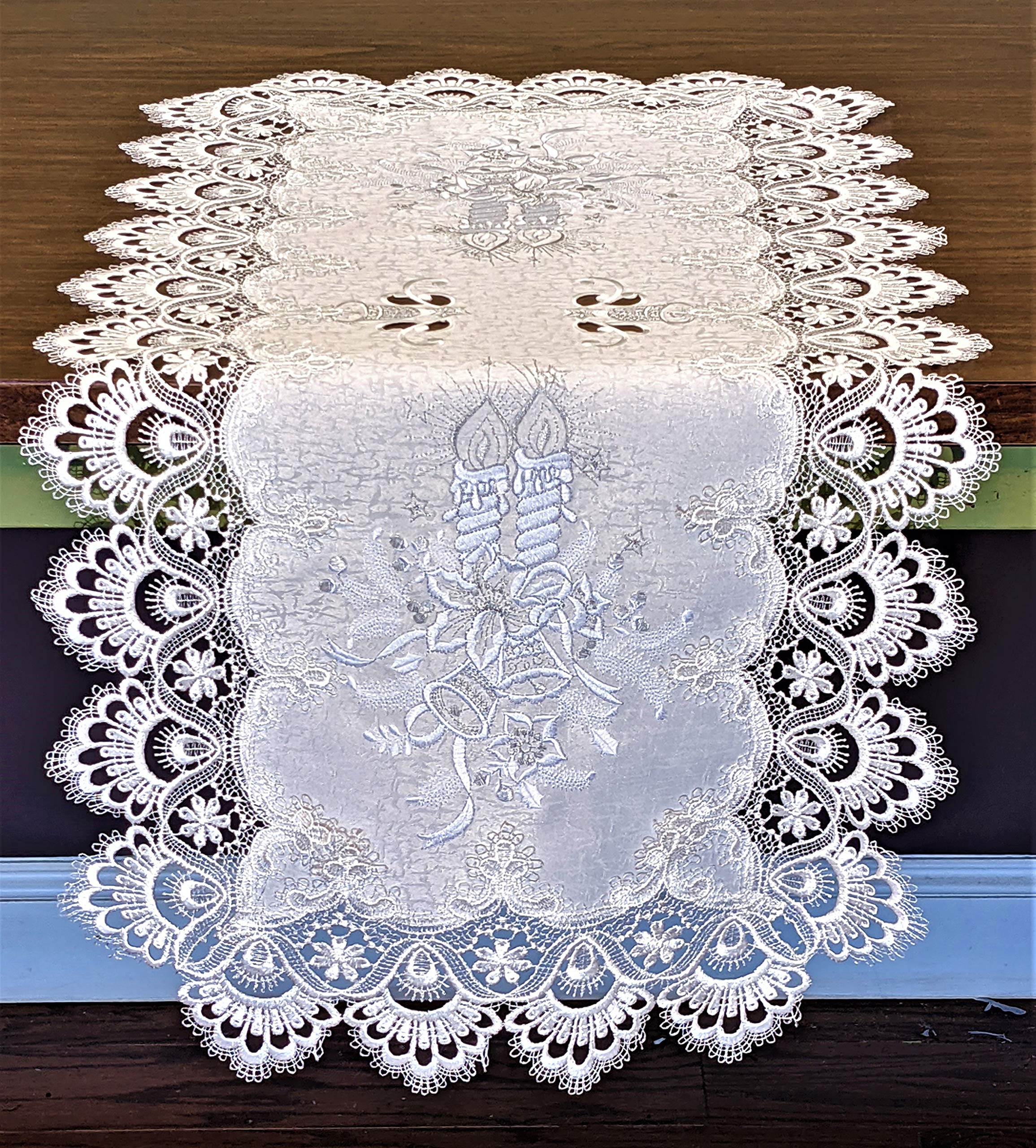 Elegant Christmas Table Runner with White Candles & Lace - 35