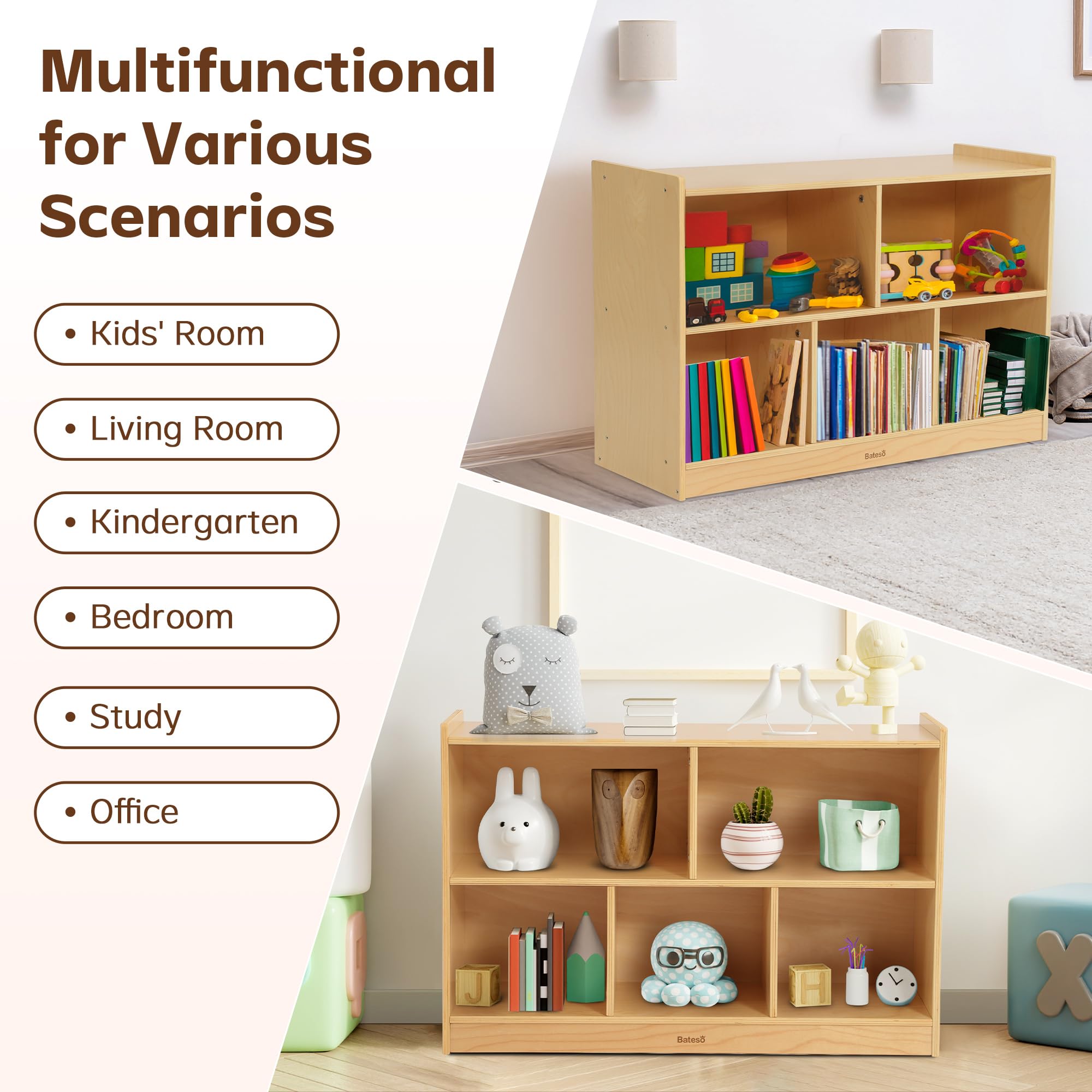 Montessori Wooden Toy Storage Organizer - 2-Shelf Kids Bookshelf with 5 Sections, Natural Wood Bookcase & Toy Shelf for Classroom, Nursery, Playroom & Kids Bedroom - Perfect for Organizing Books, Toys & Learning Materials
