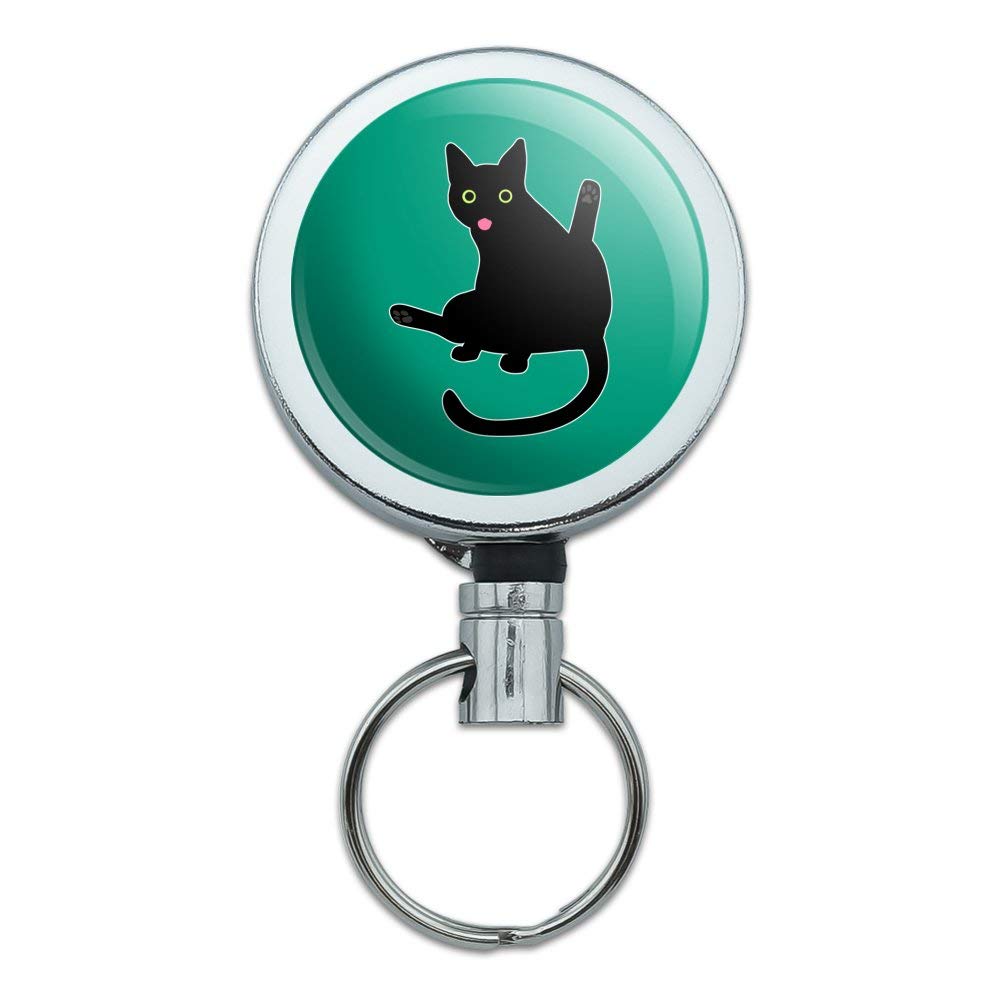 Black Cat Lifting Leg Licking Design Heavy Duty Metal Retractable ID Badge Holder - Key Card Reel with Belt Clip for Office Security, Events & Workplaces