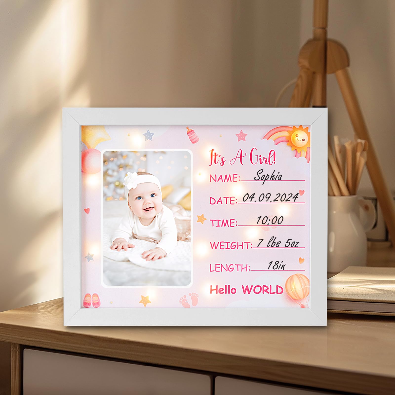 Personalized LED Shadow Box Picture Frame - Baby Girl Birth Announcement Sign, Gender Reveal Gift for New Parents | Perfect for Baby Showers, Nursery Decor & Newborn Welcome Gifts | Must-Have Baby Registry Essential
