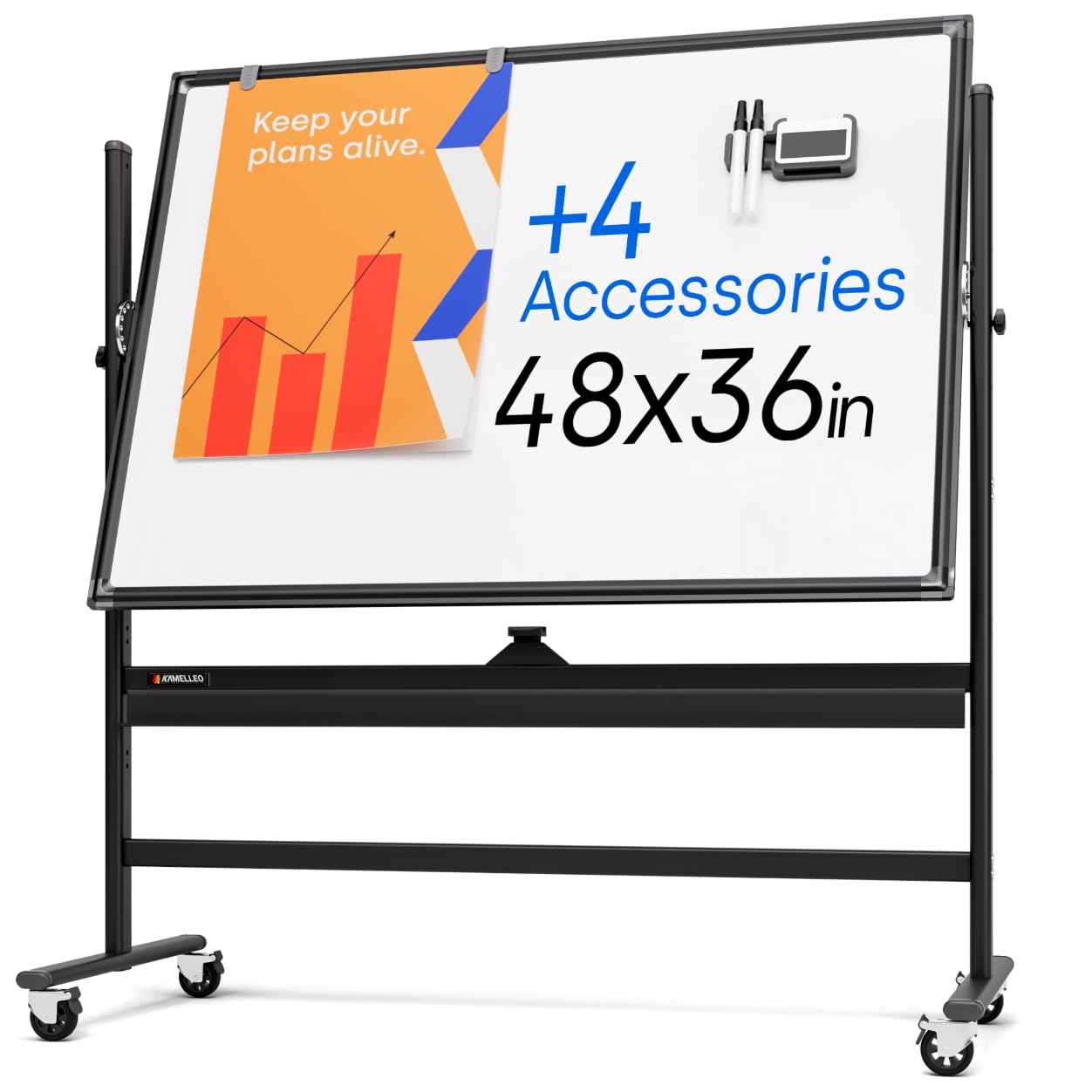 48 x 36 Inch Magnetic Rolling Whiteboard - Double-Sided Mobile Dry Erase Board with Stand & Wheels - Portable Standing Easel for Office Meetings, Classroom Teaching, Home Organization & Creative Brainstorming