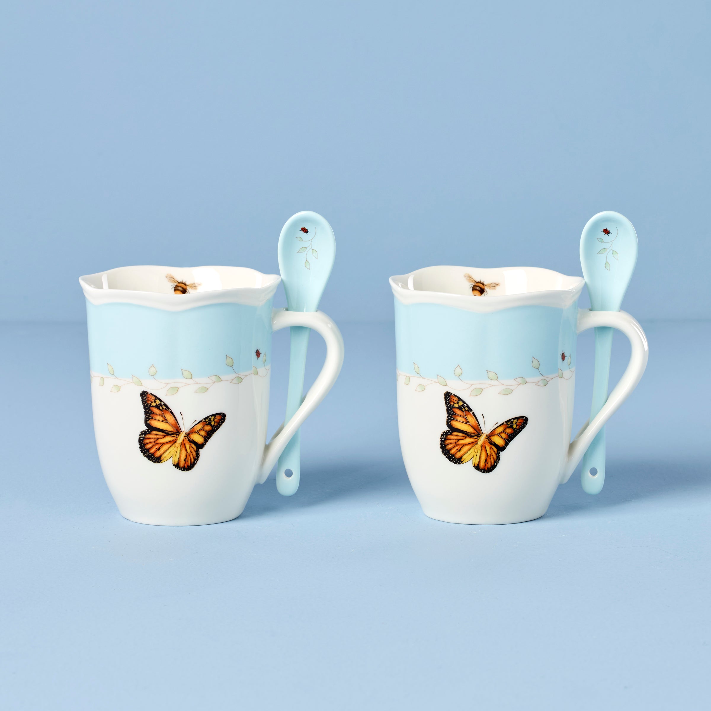 Butterfly Meadow Blue Coffee Mugs with Spoons - Set of 2 Ceramic Tea Cups for Home, Office, or Gift