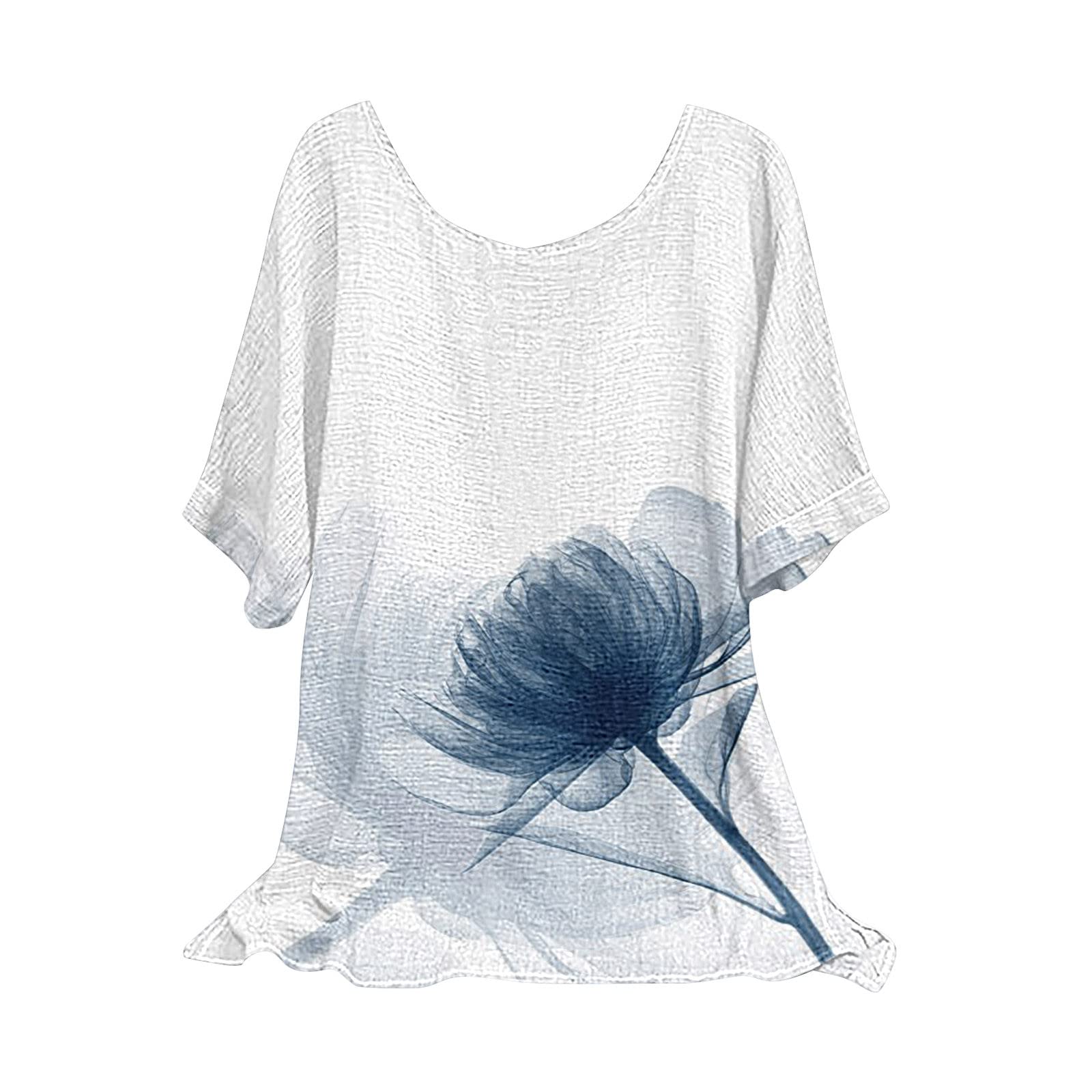 Women's Boho Floral Linen Blouse - Short Sleeve Crewneck Loose Fit Casual Summer Top | Fashionable 2022 Shirts for Beach, Vacation & Everyday Wear