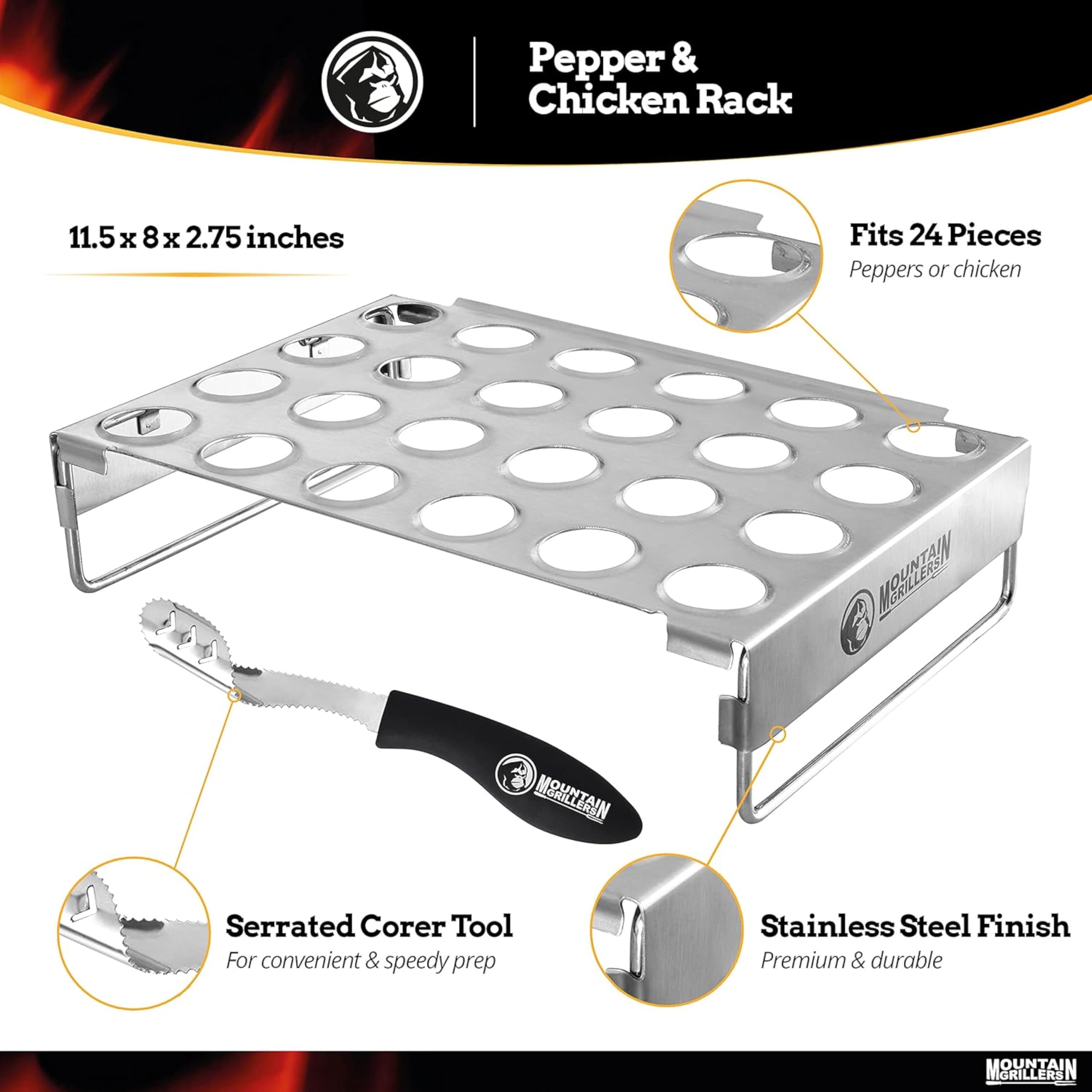 MOUNTAIN GRILLERS 24-Hole Jalapeno Popper Holder for Grill with Corer Tool - Large Pepper Rack & Tray - Dishwasher & Oven Safe - Perfect for Backyard BBQs, Tailgating & Outdoor Cooking