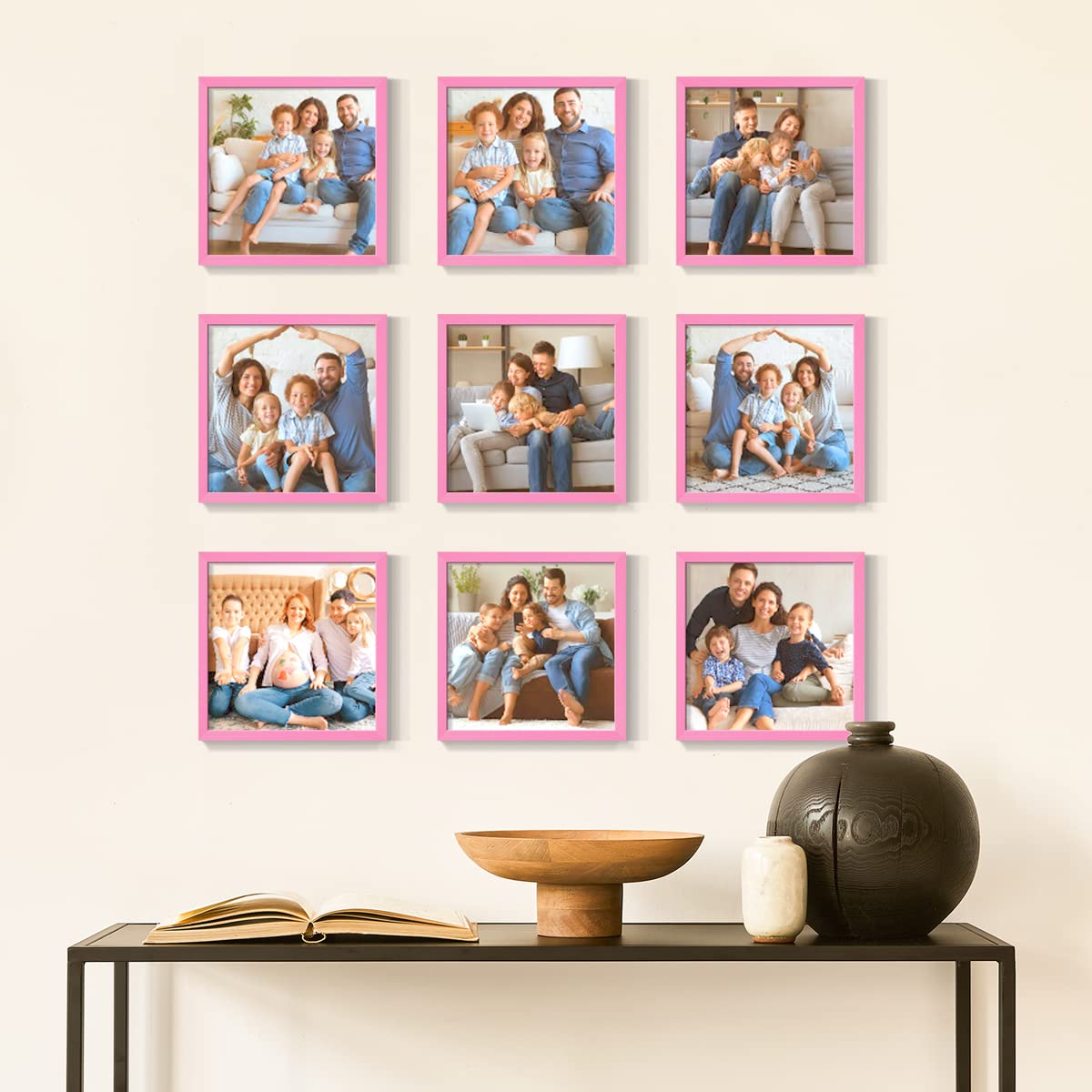 Set of 9 Custom 8x8 Photo Prints with Real Wood Picture Frames - Create Personalized Photo Collage | Peel & Stick Wall Decor | Pink Frames for Bedroom, Living Room & Office Decor
