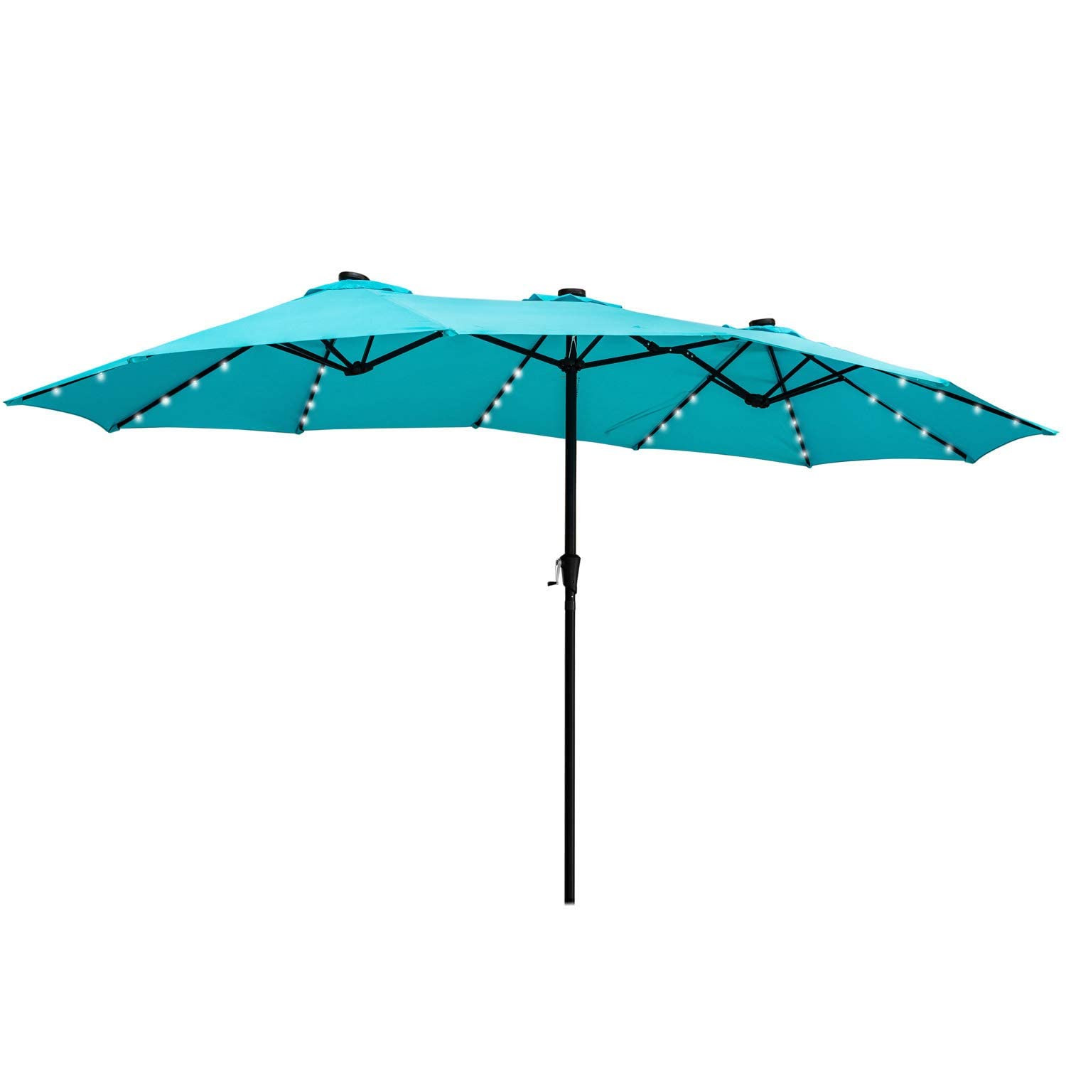 15FT Double-Sided Patio Umbrella with LED Solar Lights - Extra Large Outdoor Market Table Umbrella with Crank - Blue - Perfect for Backyard, Poolside, Restaurant & Outdoor Dining Areas