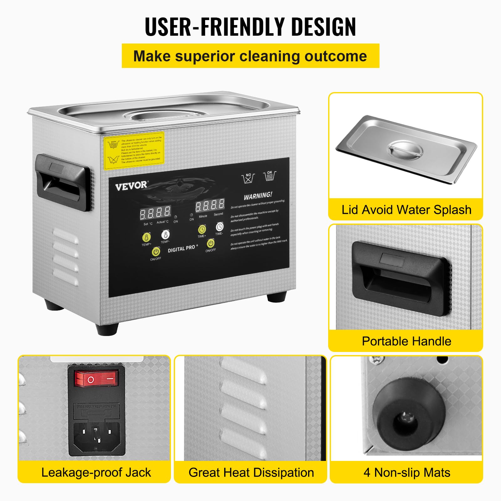 VEVOR 3L Ultrasonic Cleaner with Heater & Timer - 200W Heating & 120W Ultrasonic Power for Jewelry, Glasses, Watches, Dental Tools - Professional Digital Lab & Home Cleaning Solution for Delicate Items