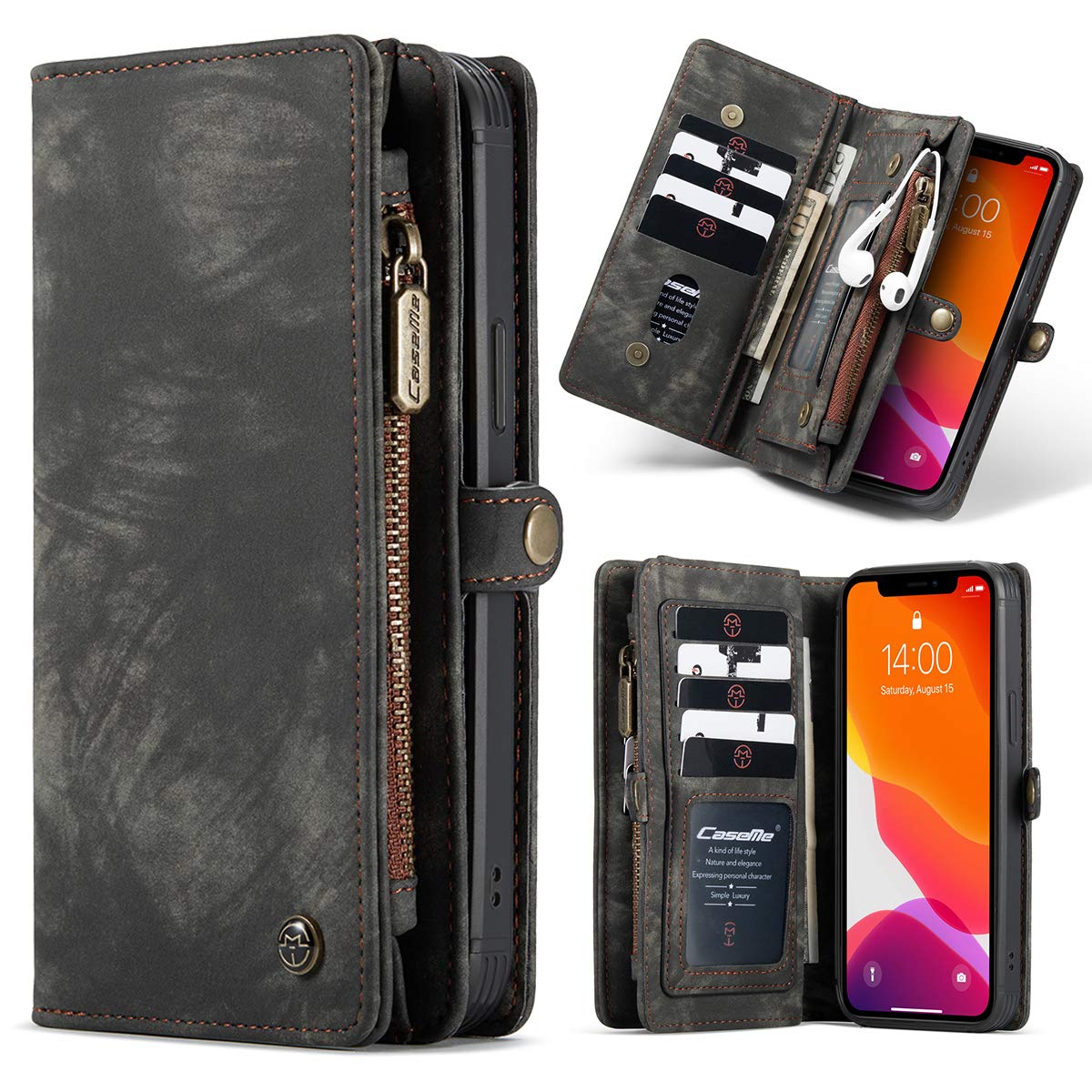 Simicoo iPhone 12 Pro Max Leather Wallet Case - Detachable Magnetic Flip Cover with 11 Card Slots, Zipper Pocket & Wrist Strap | Shockproof Protection for iPhone 12 Pro Max | Perfect for Travel, Shopping & Daily Use (Black)