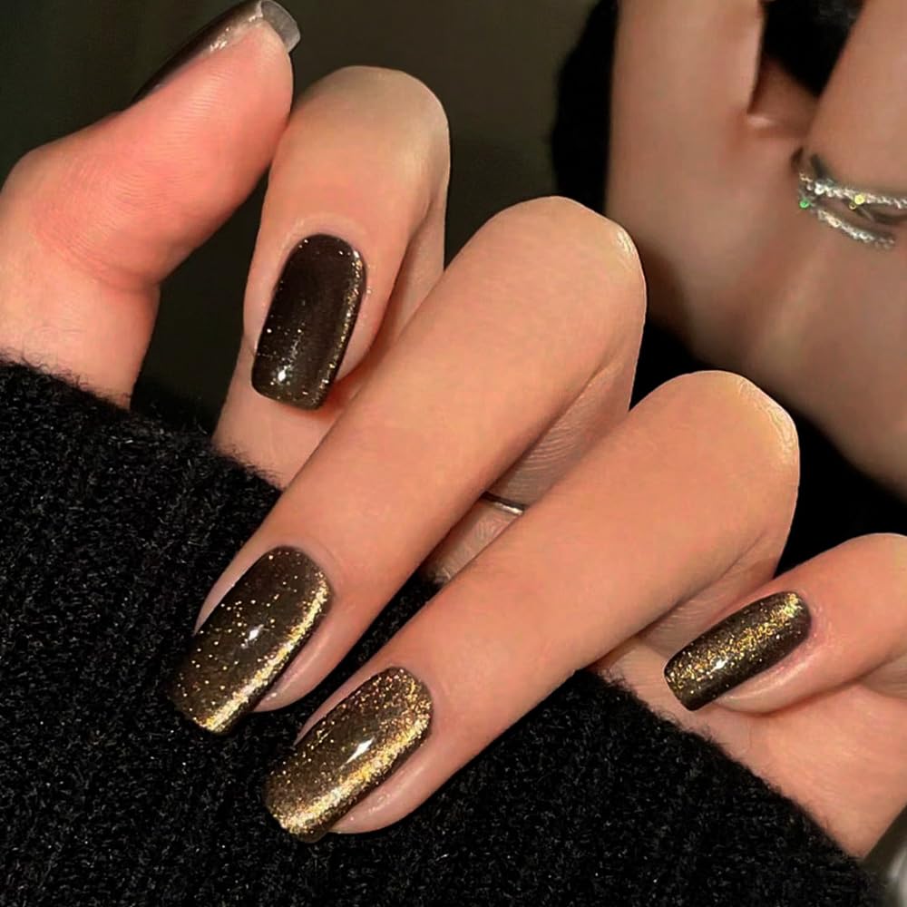 Gold & Black Cat Eye Press on Nails - Short Square Acrylic Fake Nails with Glitter Designs & Glue | Gel Manicure False Nails for Women | Perfect for Weddings, Parties & Special Occasions