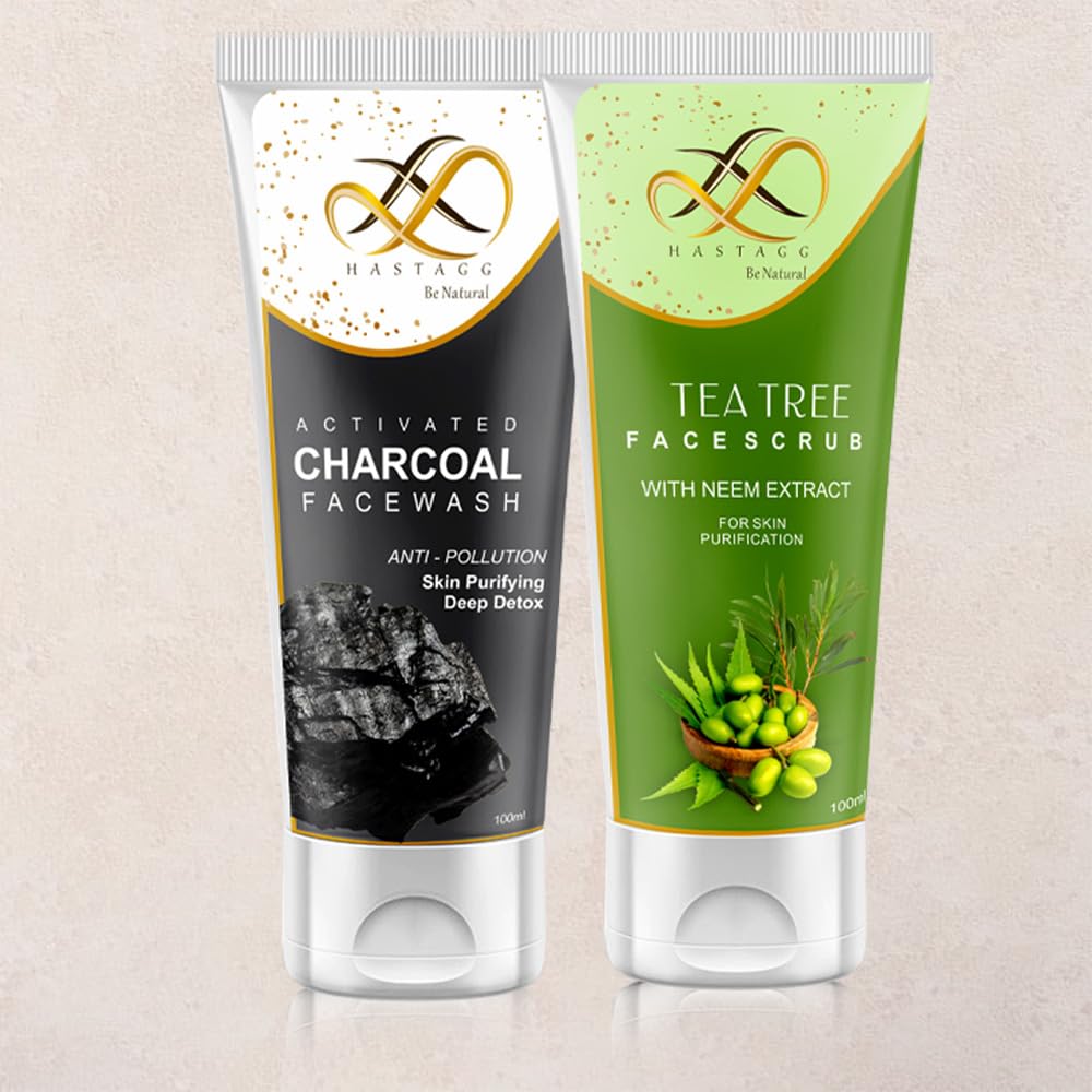 Activated Charcoal & Tea Tree Face Wash Combo for Deep Pore Cleansing - Skin Purifying Detox Scrub with Neem Extract for Men & Women | Acne Treatment, Blackhead Removal, Daily Skincare Routine