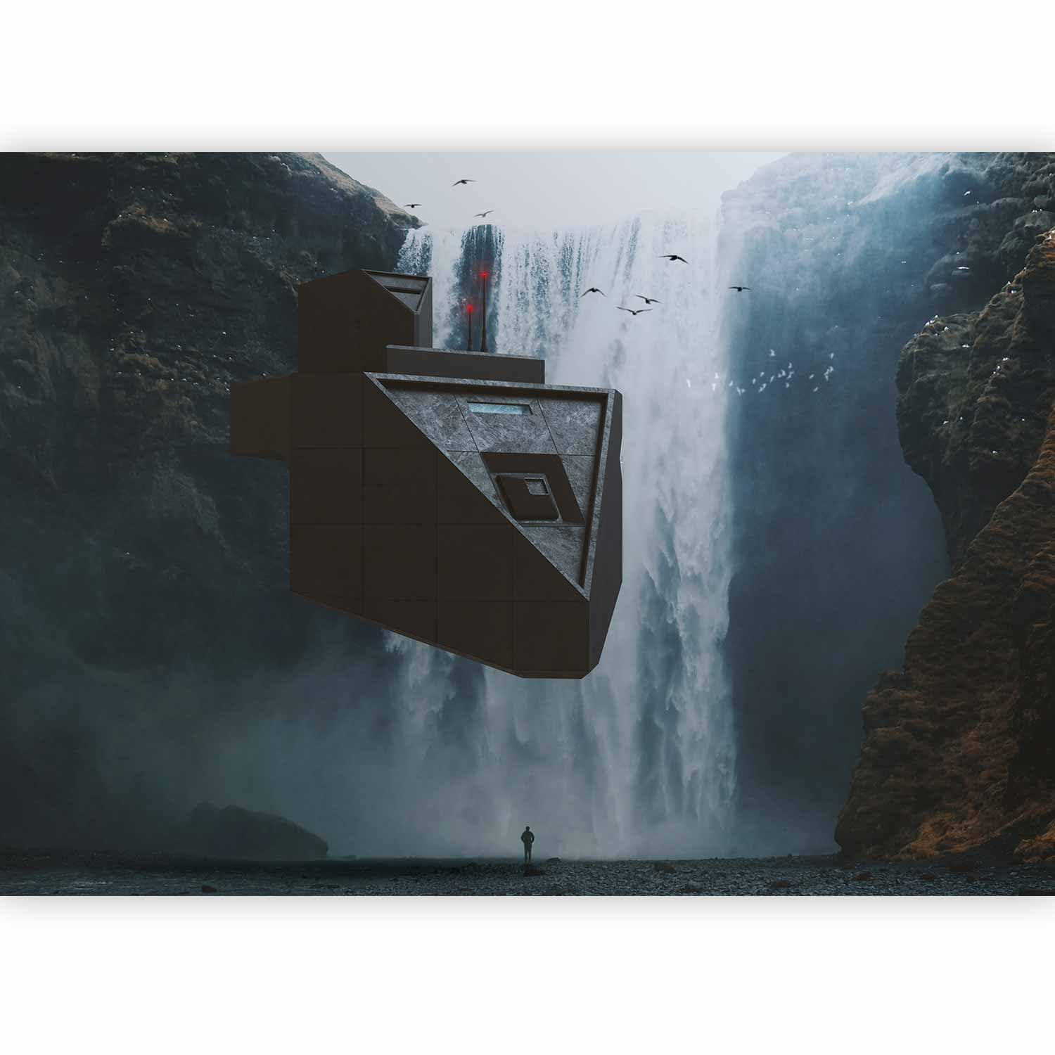 Artgeist Peel and Stick Wall Mural - 173x124 in Abstract Landscape Waterfall & Spaceship Design - Removable Self-Adhesive Wallpaper for Living Room, Bedroom, Office Decor - Large Wall Sticker with Premium Foil Print