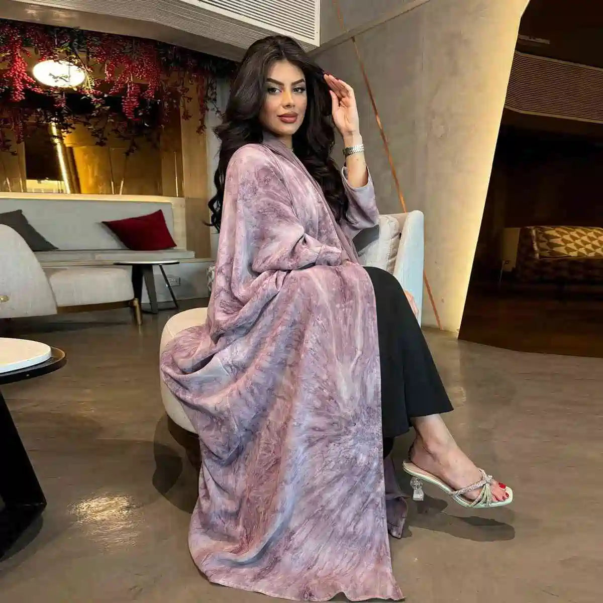 Elegant Chiffon Printed Cardigan Open Abaya Dress with Matching Hijab - Modest Muslim Fashion for Women, Perfect for Prayer, Eid, and Special Occasions