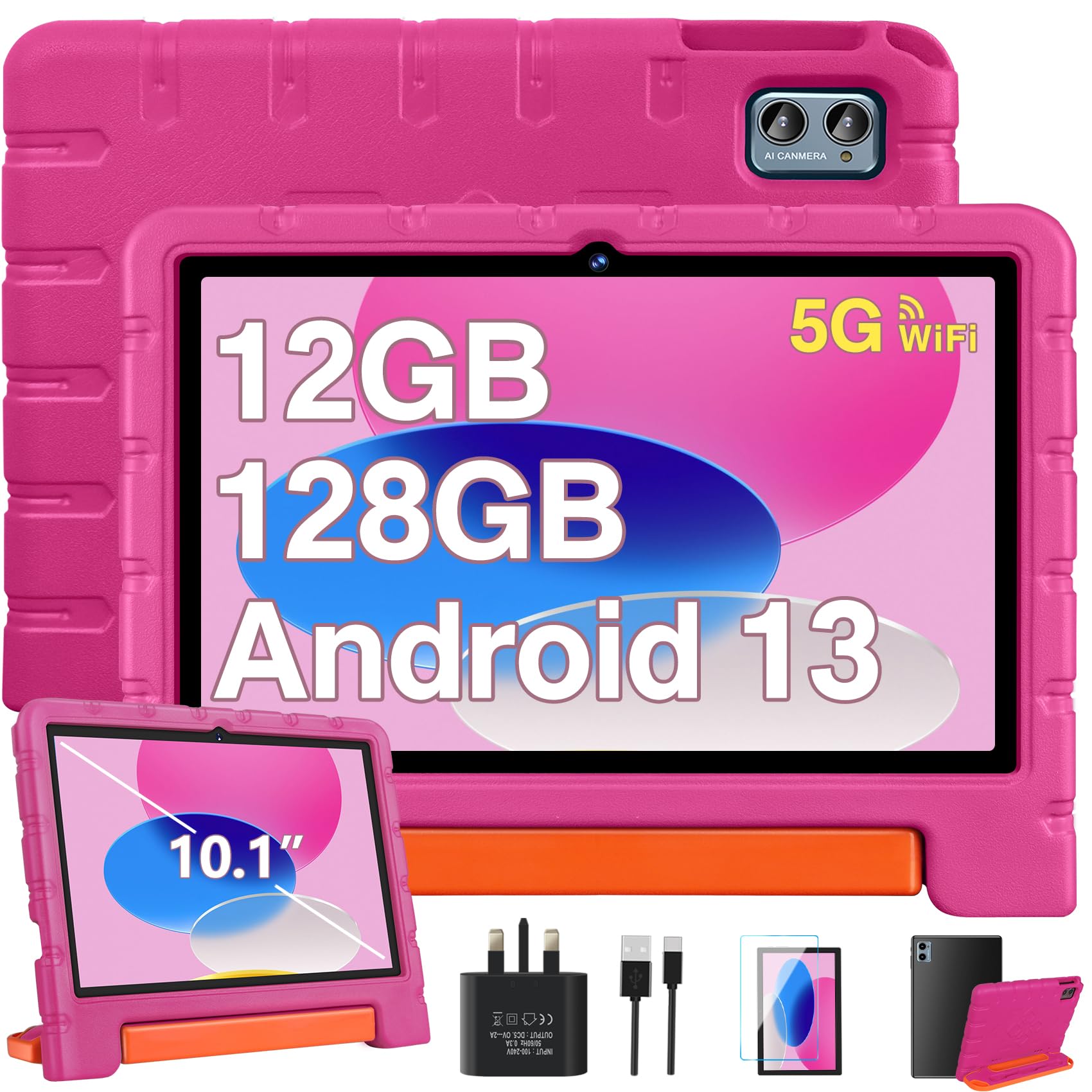 ZIOVO 10 Inch Android 13 Kids Tablet - 12GB RAM 128GB ROM (Expandable to 1TB) | Octa-Core 2.0GHz | 5G WiFi | Bluetooth 5.0 | 8MP+5MP Cameras | 6000mAh Battery | Includes Pink EVA Protective Case - Perfect for Online Learning, Kids Games & Family Entertainment