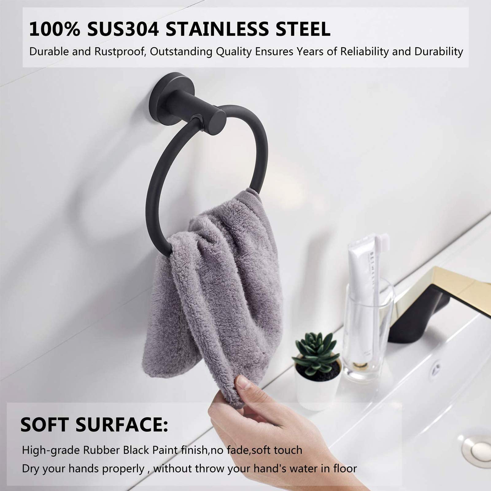 BGL 304 Stainless Steel Black Towel Ring Holder - Round Bathroom Towel Hanger for Modern & Minimalist Home Decor - Perfect for Bathrooms, Kitchens, and Guest Rooms